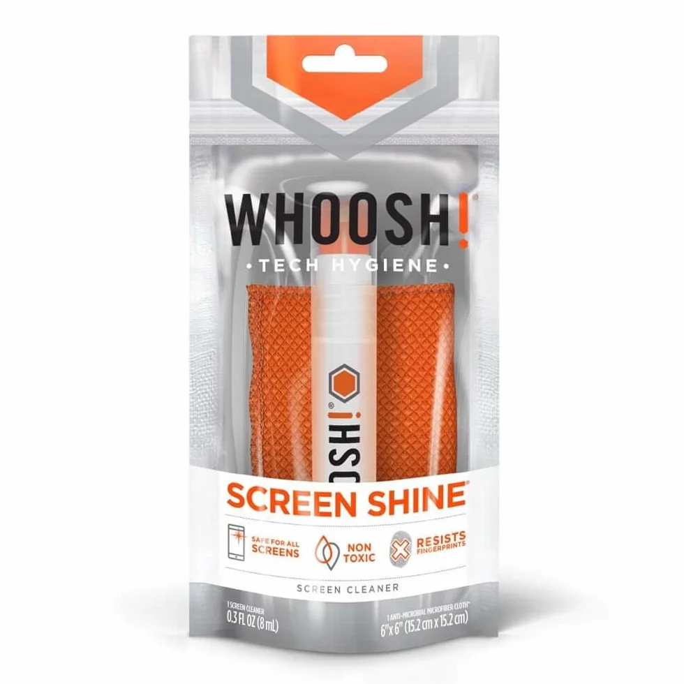 Whoosh! Screen Shine Pocket-Detergente Spray per Schermi 8ml, Con Panno in Microfibra Antimicrobico Antigraffio, Antipolvere e Atossico, Rimuove lo Sporco, Macchie e Batteri da qualsiasi Dispositivo