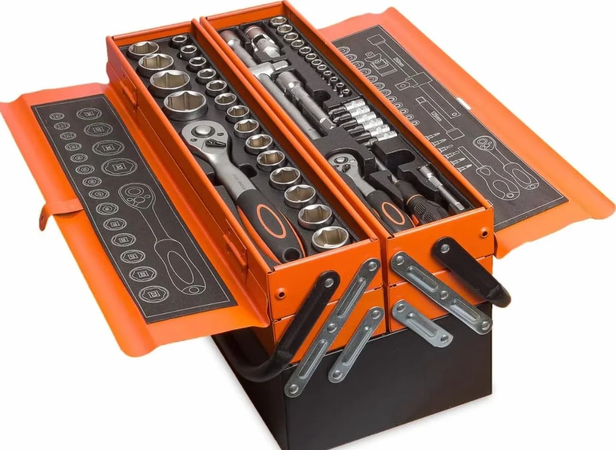 Cassetta Attrezzi Professionale in Metallo 85 Pezzi, Set Utensili Completo con Chiavi a Bussola, Cricchetto, Pinze e Cacciaviti, Arancione e Nero