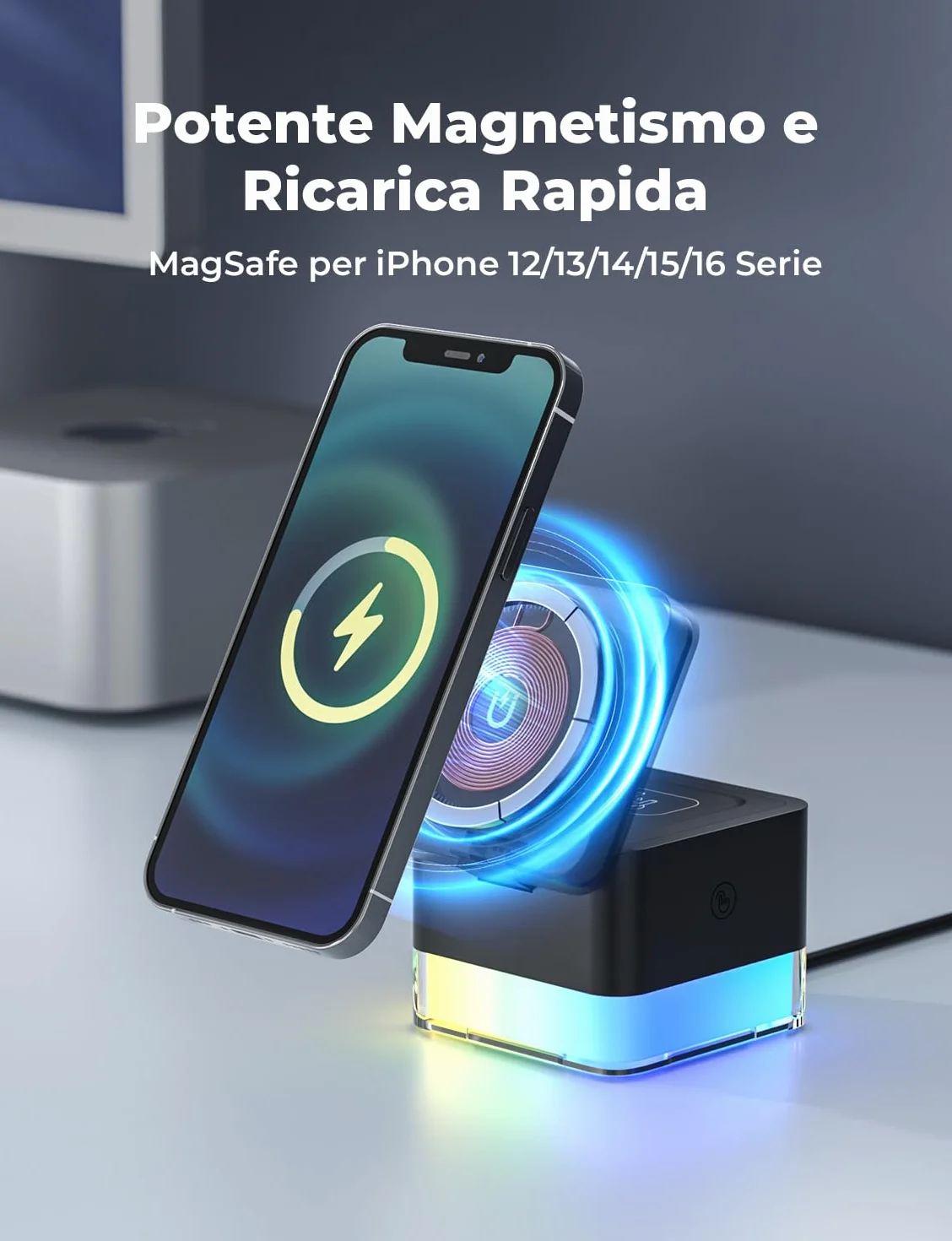 Caricatore Wireless 4 in 1, Qi Ricarica Rapida, Caricatore Compatibile Con Lampada da Comodino, per iPhone Serie 12/13/14/15/16, Airpods 2/3/Pro, iWatch