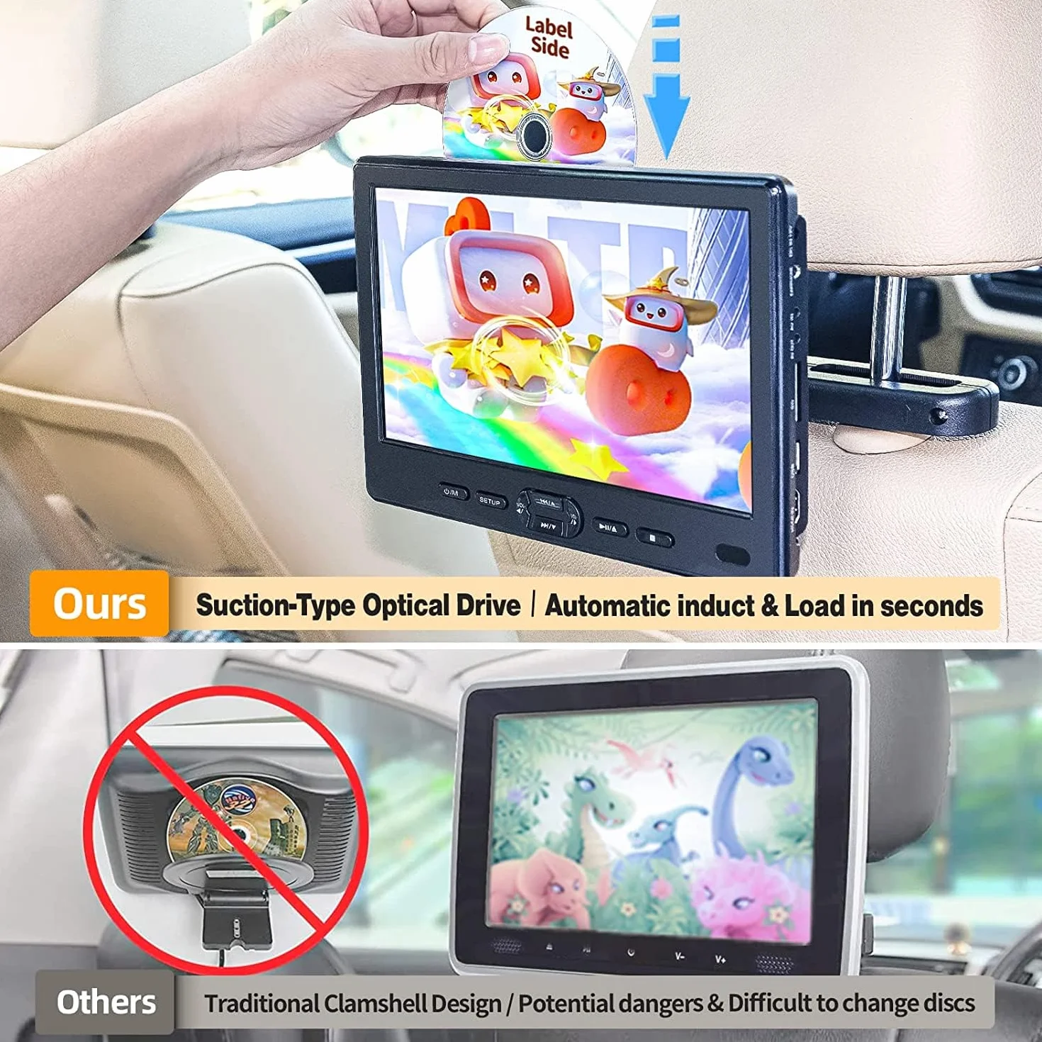 DESOBRY Lettore DVD da Poggiatesta per Auto 10,5 pollici 2 monitor poggiatesta 2 cuffie HDMI ingresso AV cavo, bambini TV supporta 1080P, supporto dello schermo auto USB/SD, ultima memoria