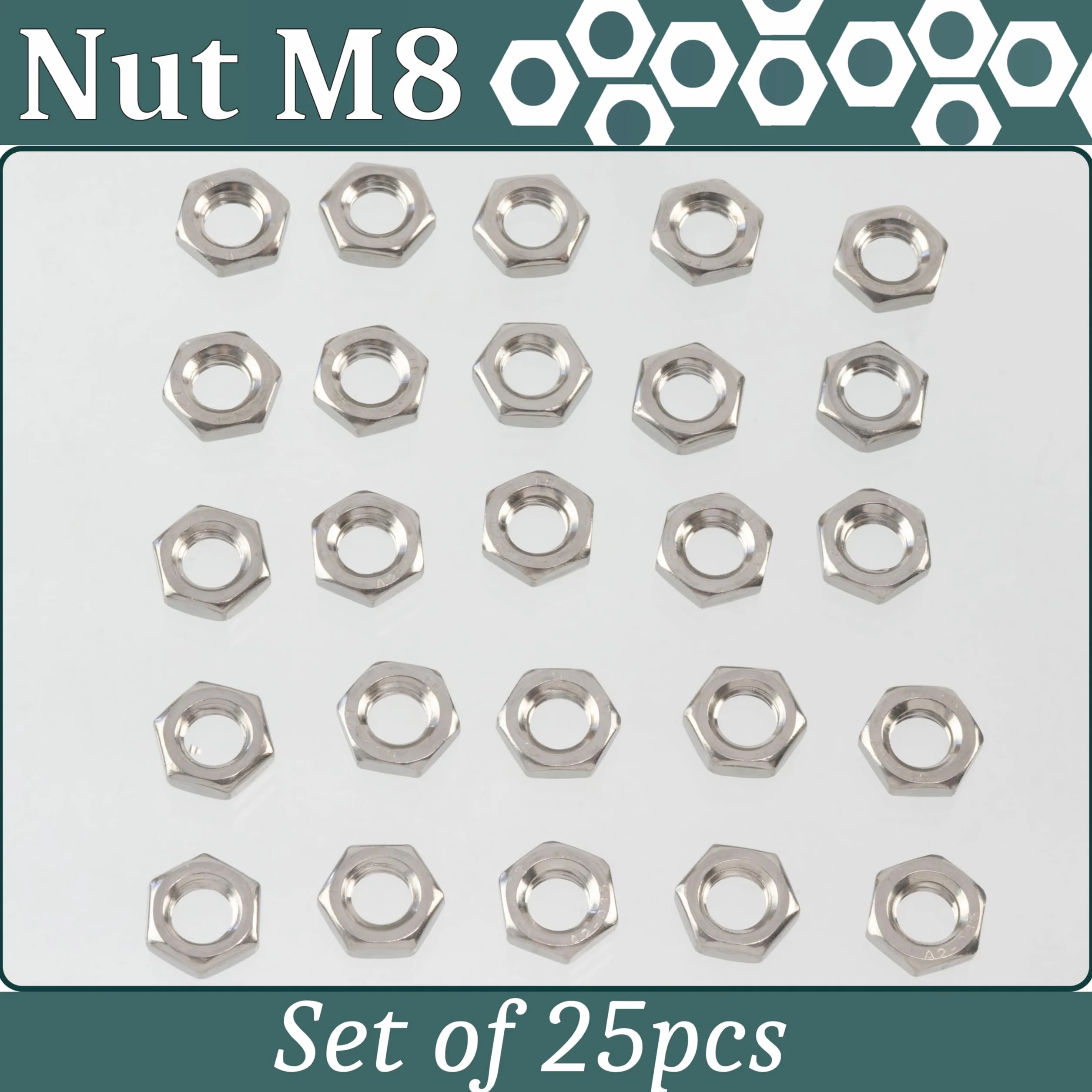 AERZETIX Set di 25 dadi esagonali a profilo basso M8x1.25 mm acciaio argento