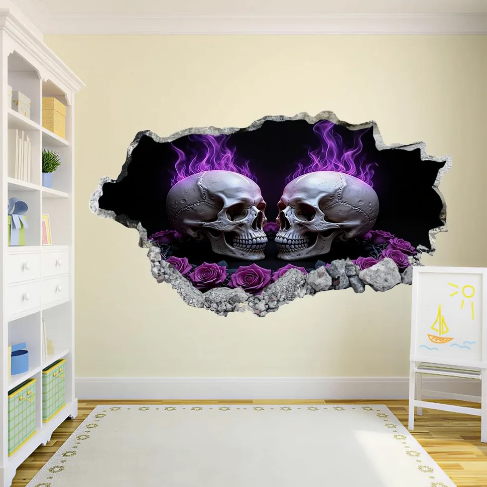 Decalcomanie da muro Art 3D Fracassato Cranio Adesivi murali removibili Fumo Viola Carta da parati Camera da letto autoadesivo per ragazze Camera da letto Nursery Home Decor Gift