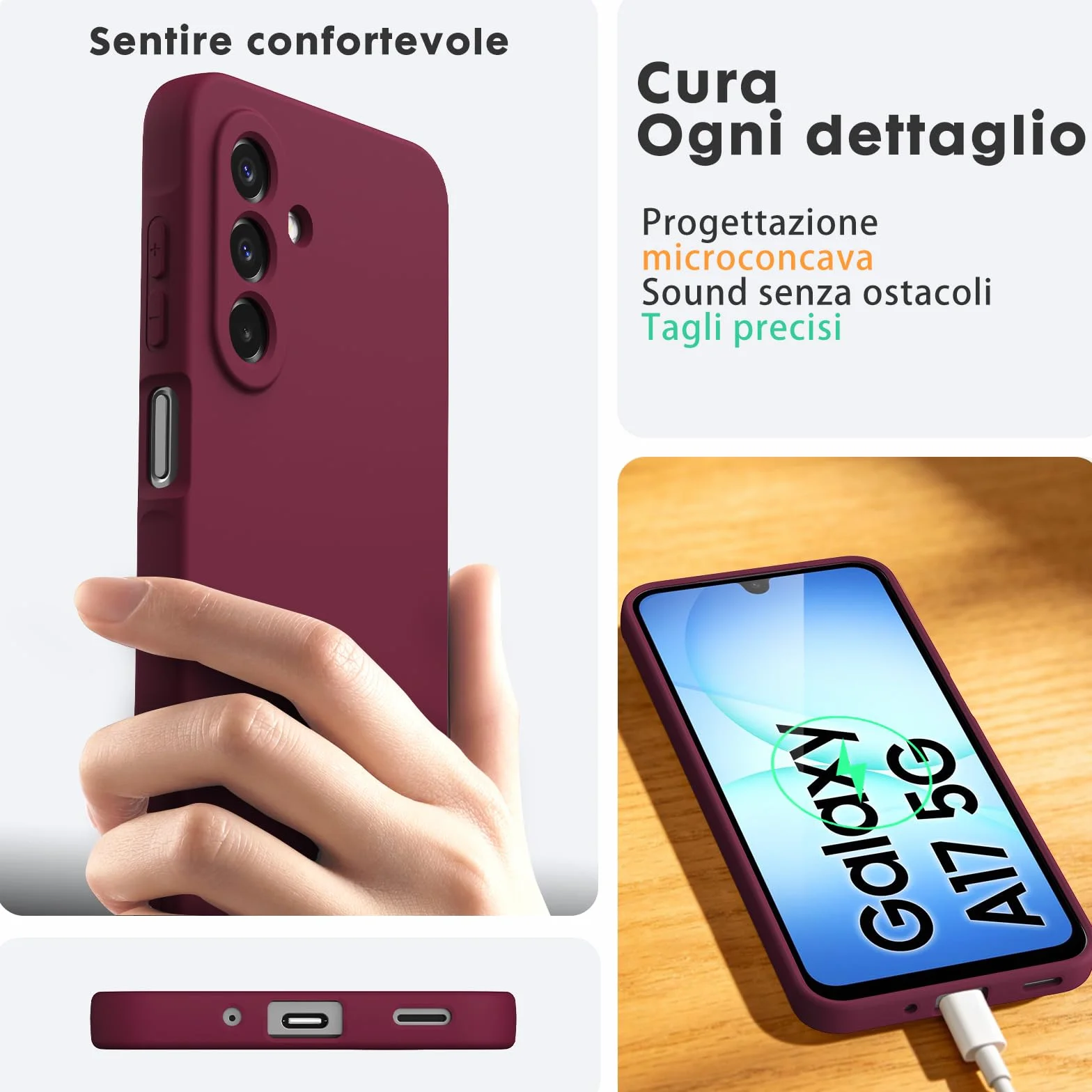 Cover per Samsung Galaxy A17 4G/5G, con 2 Proteggi Schermo in Vetro Temperato, Case Protettiva Gomma Antiurto, Custodia in Silicone Morbido TPU Liquido - Bordeaux