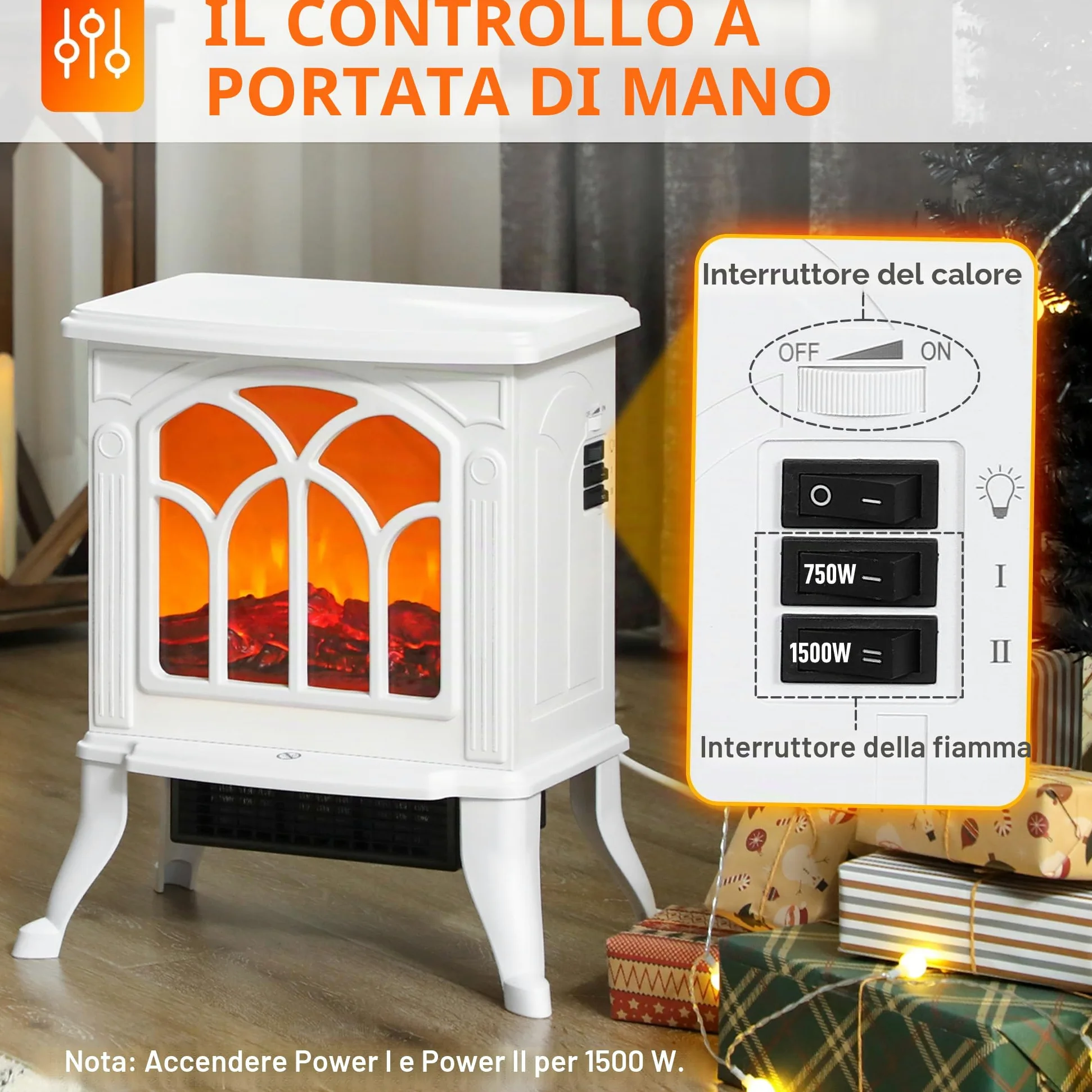 HOMCOM Camino elettrico su piedistallo 750/1500 W, falso camino decorativo con effetto fiamma LED, protezione contro il surriscaldamento, area di copertura 15-20 m², bianco