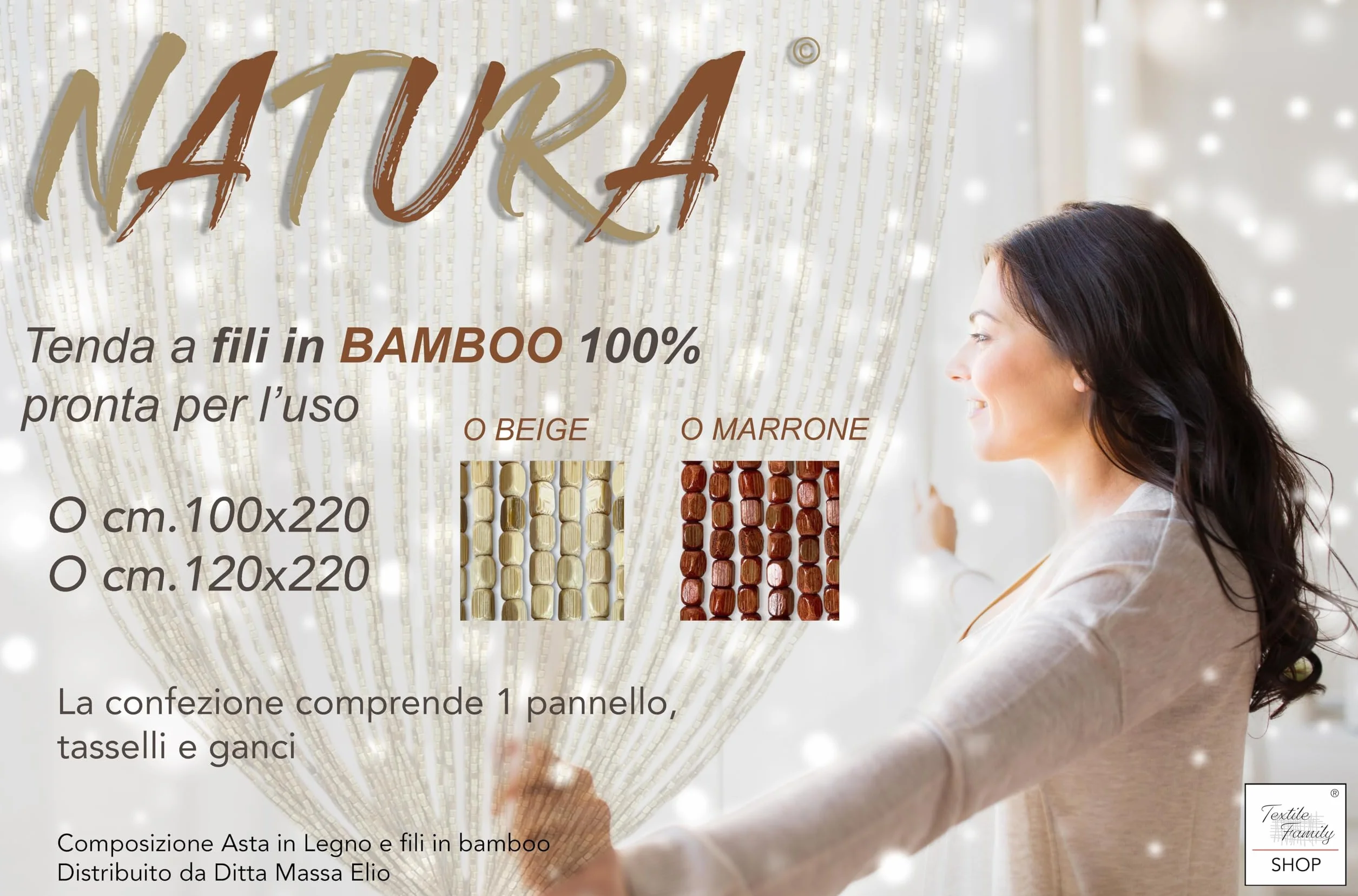 Tex family Tenda Perline Legno Marrone Handmade Natura - Fili Bamboo 100% Naturale - Asta Nera - Uso Interno - Decorazione Porta - Cm. 120x220