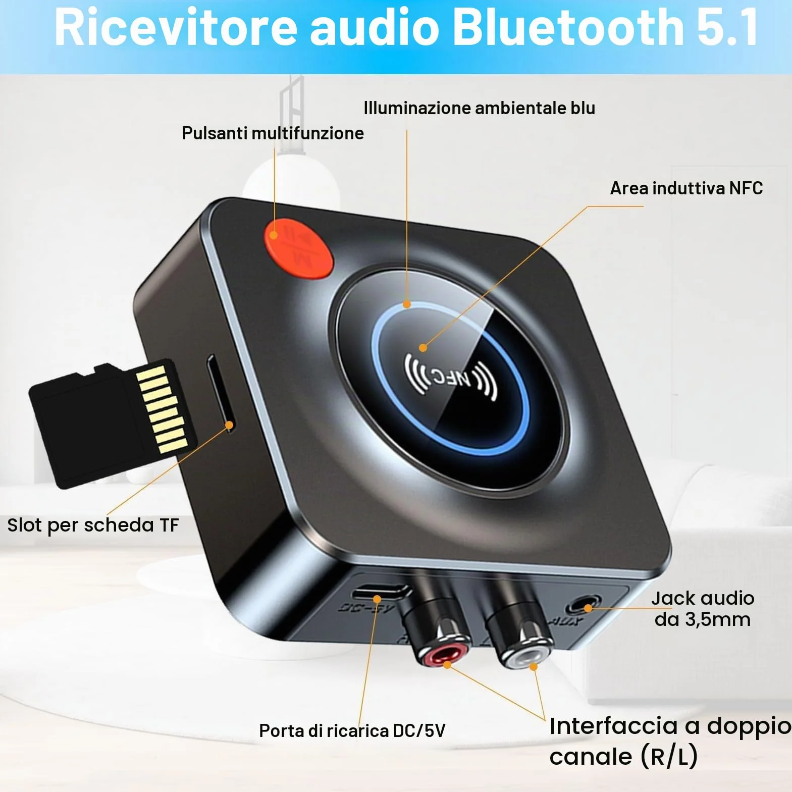 Ricevitore Bluetooth 5.3 HiFi, Adattatore Bluetooth AUX per Stereo Casa, Altoparlante, Amplificatore HiFi, con RCA/AUX Jack 3,5mm per Stereo Casa, Altoparlante, Amplificatore