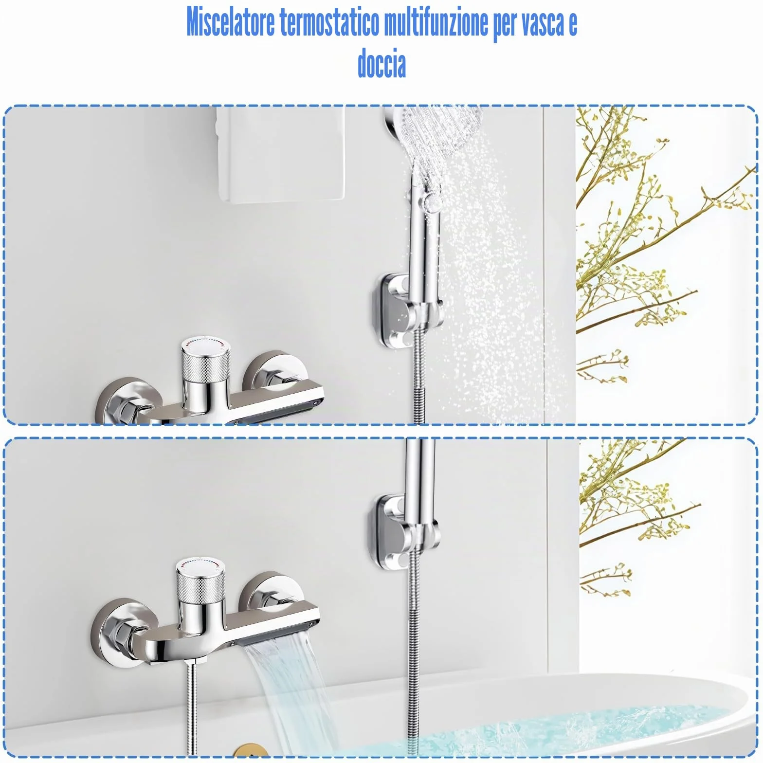 Rubinetto Vasca Doccia Termostatico a Parete, Bocca a Cascata, Corpo in Ottone Cromato, G1/2
