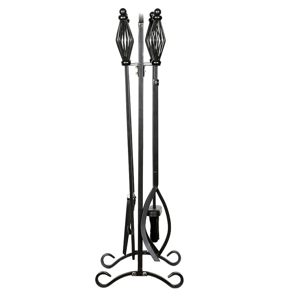 Set di 5 attrezzi per camino, accessori per camino, pinze, attizzatoio, base in metallo, pala e spazzola, adatto per stufe a legna per interni, decorazione in ferro battuto
