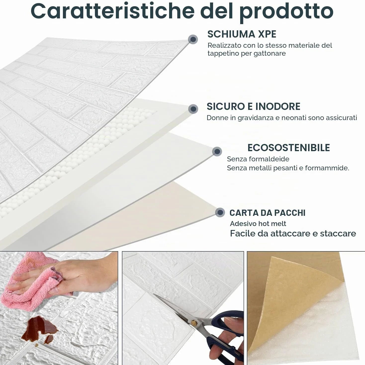 Herrselsam Carta da parati autoadesiva, 50 pezzi, pannelli da parete 3D, autoadesiva, in mattoni, impermeabile, effetto pietra, 5 mm, adatta per cucina, soggiorno, 77 x 70 cm, colore bianco