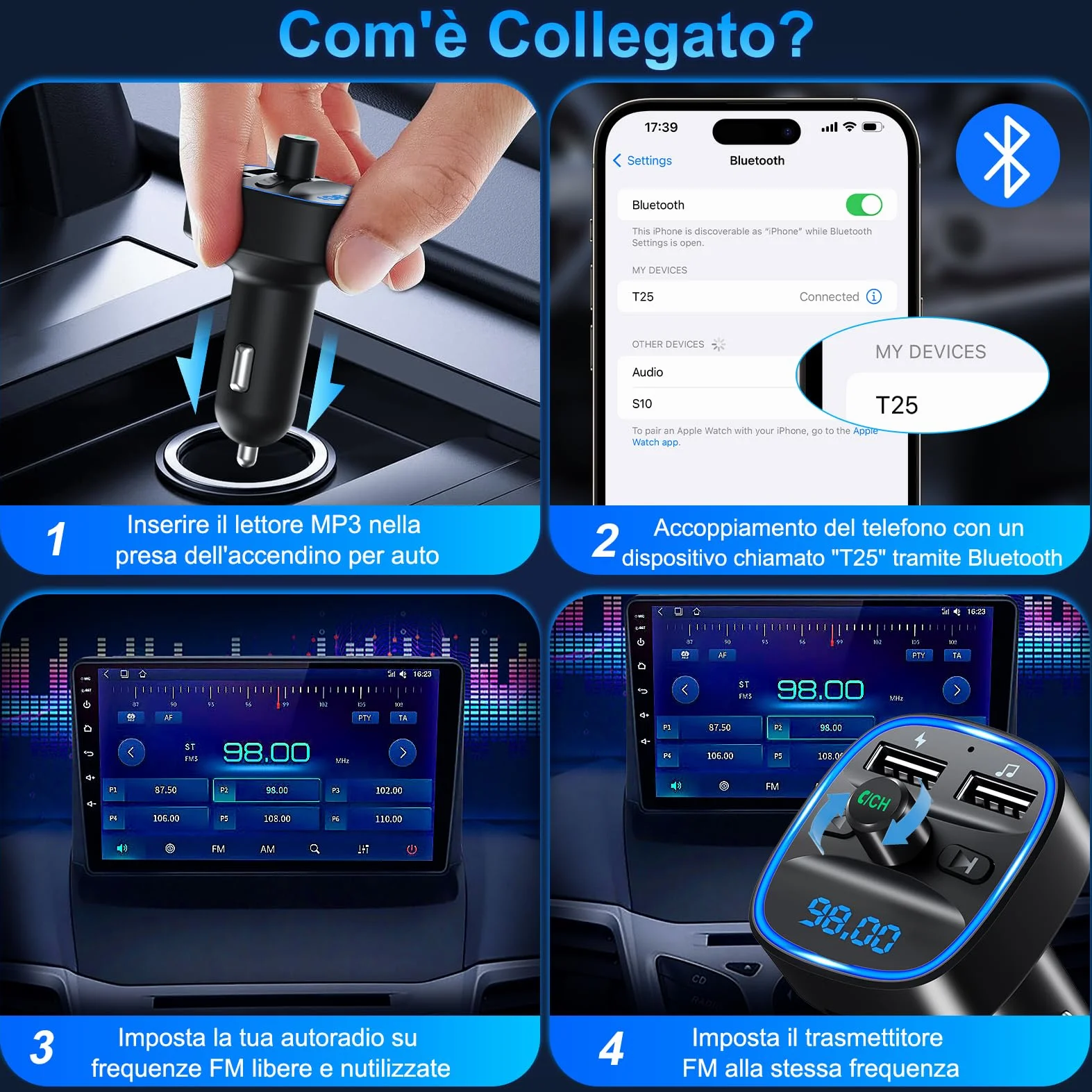 Trasmettitore FM Bluetooth 5.3 per Auto Radio, Adattatore Bluetooth Auto con 2 Porte USB, Kit Vivavoce MP3 Audio Lettore Caricabatterie Auto Supporto BT, Scheda TF, Disco USB