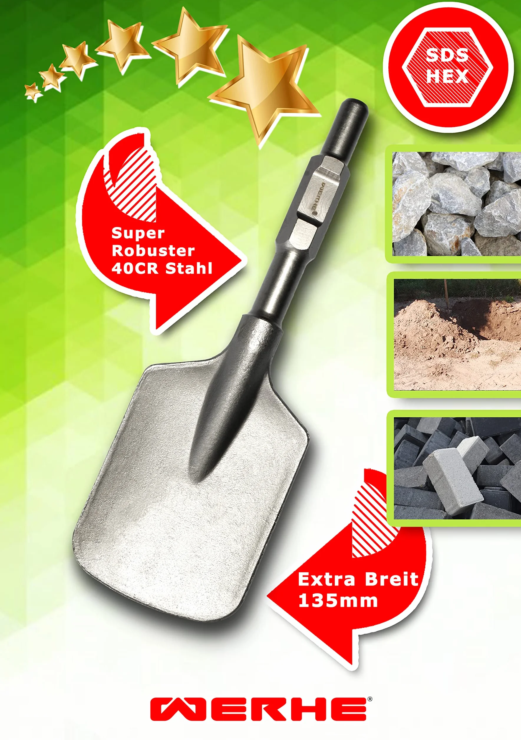 WERHE Professional pala scalpello SDS esadecimale 135 x 410 mm asta esagonale 30 mm do martella demolizione w plastikowym etui