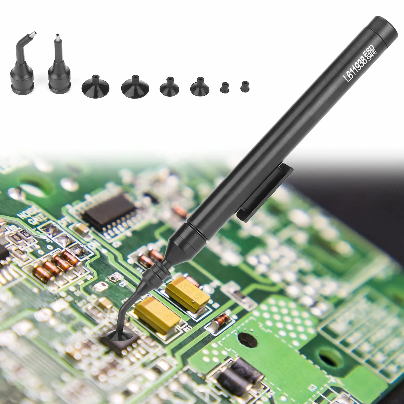 Strumento Prelievo per Succhiare, Penna Aspirazione a Vuoto, Kit Strumenti Prelievo per Saldatura Manuale a Ventosa con 2 Punte e 6 Ventose per Piccoli Componenti Elettronici di Precisione IC SMD SMT