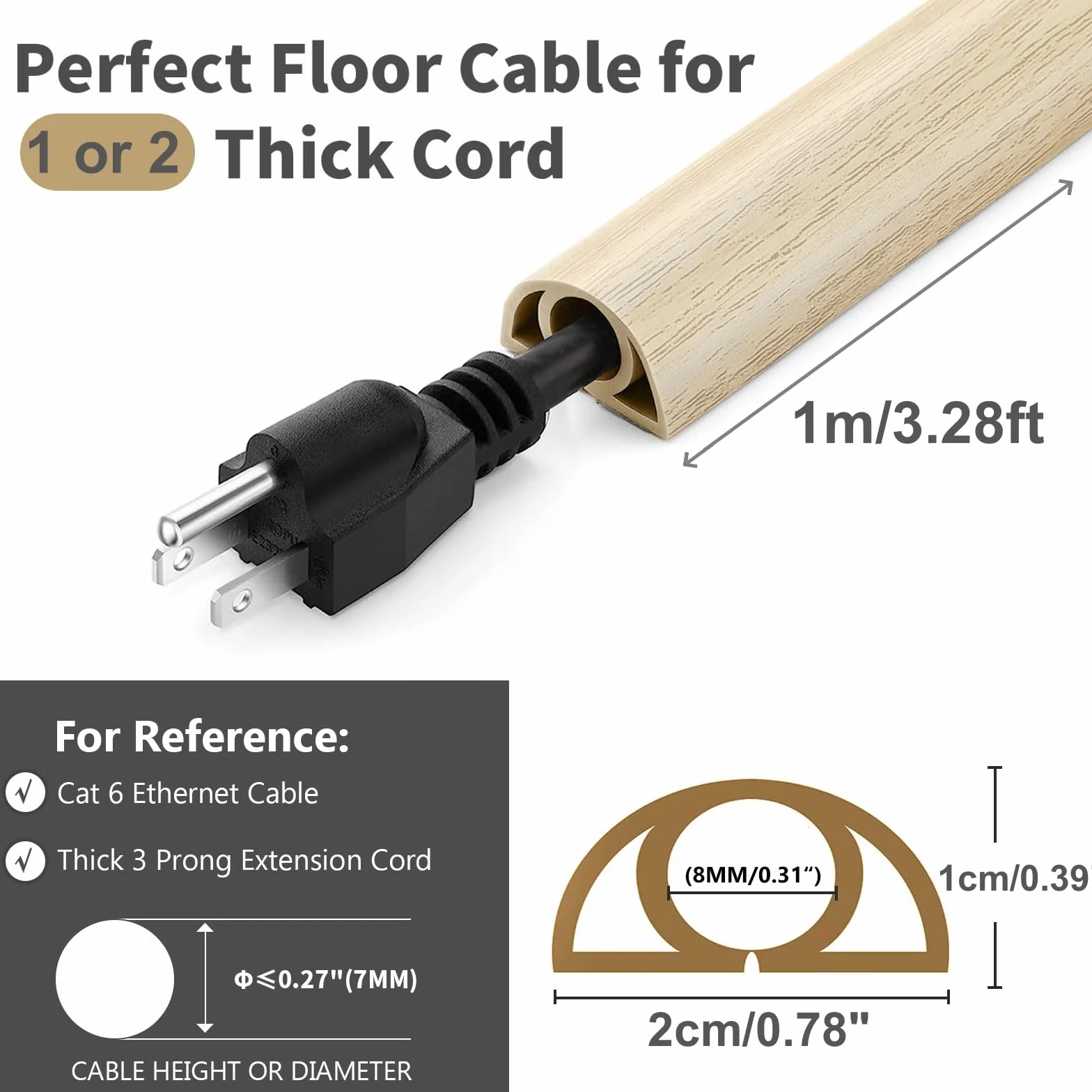 Canalina per cavi flessibile 1m x 2cm copertura pavimento protezione piatta Rovere bianco