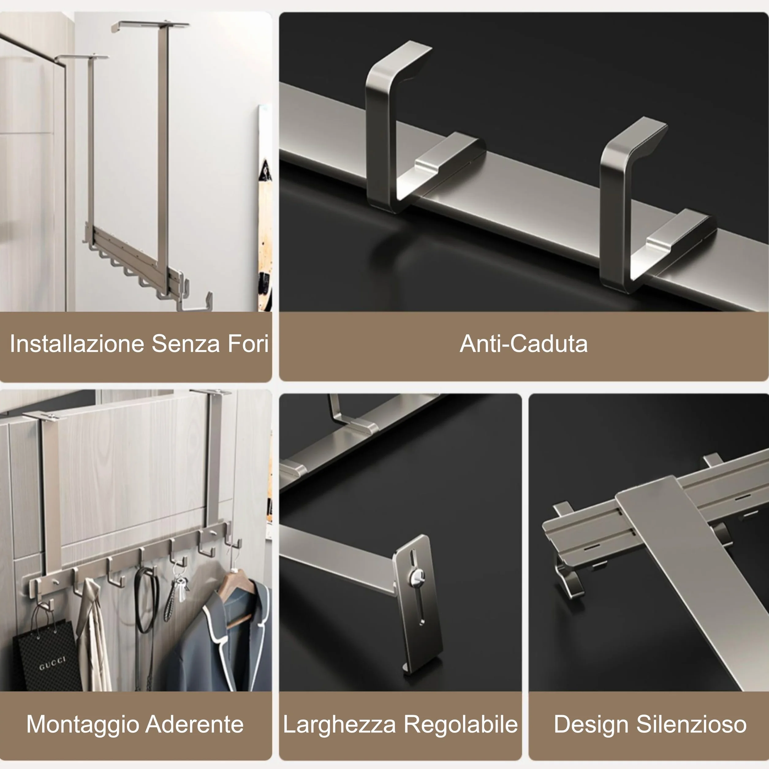 Appendiabiti da porta Regolabile 8 ganci salvaspazio resistente grigio 18cm