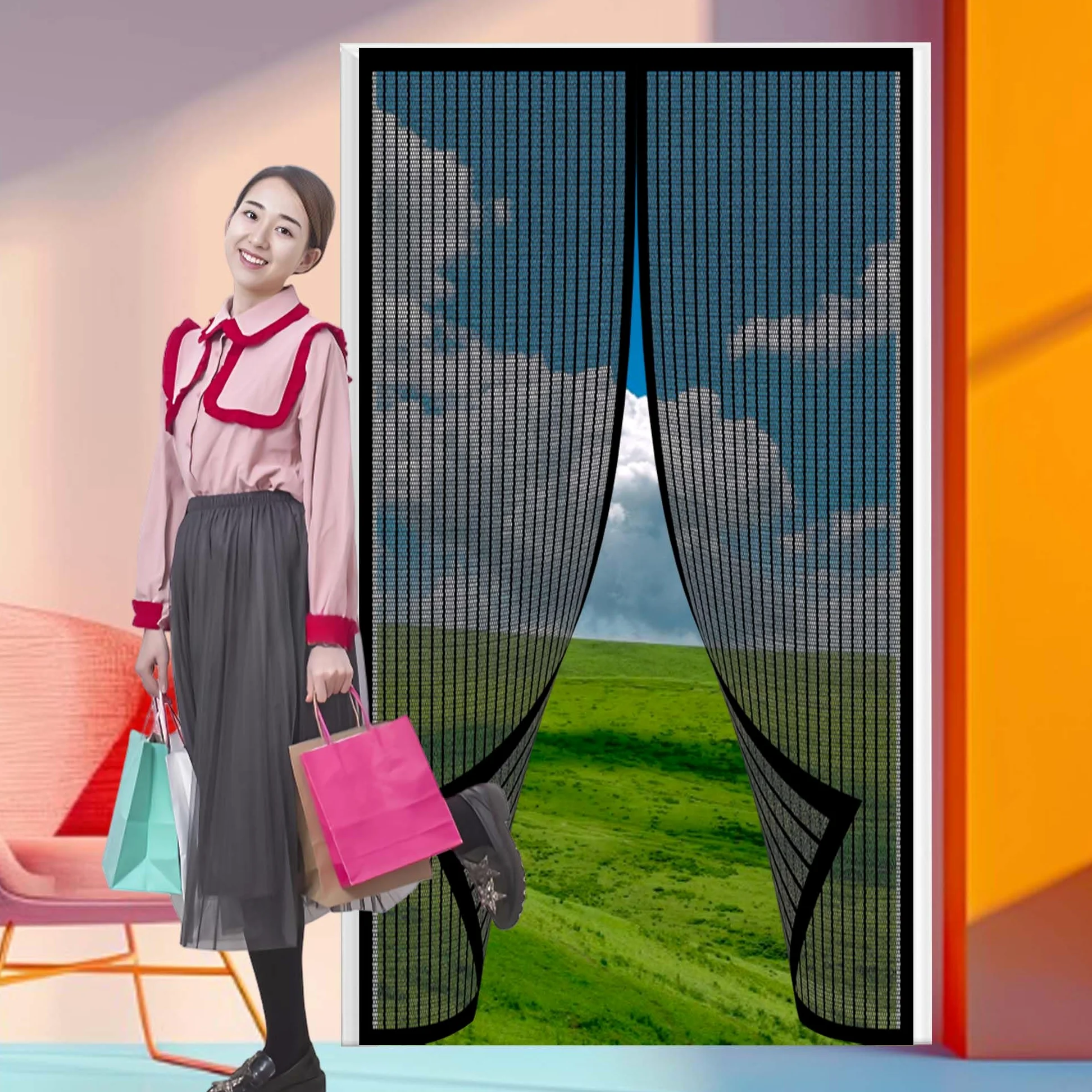 Zanzariera per Porta 122 x 214 cm Chiuso Automaticamente Pieghevole Totalmente Magnetica Zanzariera Porta Finestra Tenda per Porte D'Ingresso, Finestra, Nero