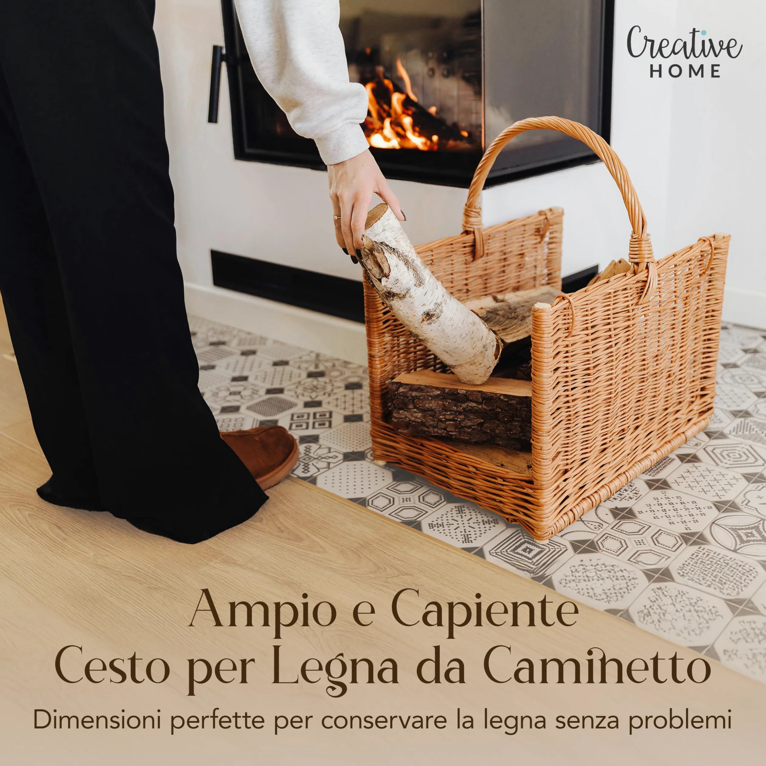 Creative Home Cesto Portalegna da Interno con Manico, Porta Legna in Vimini | Grande Cesto Vimini Rettangolare 50x34x50 cm Leggero | Intrecciato a Mano | Salice Naturale | Multiuso