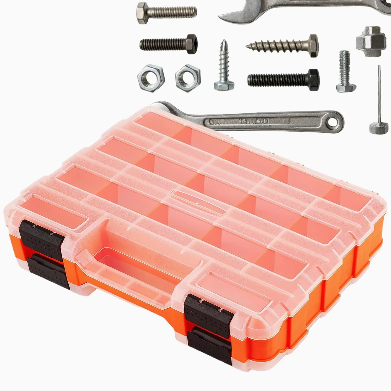 Scatola portaoggetti con 34 scomparti, trasparente, con coperchio sicuro, impilabile, ideale per garage, officina, casa, ferramenta, elettronica, chiodi