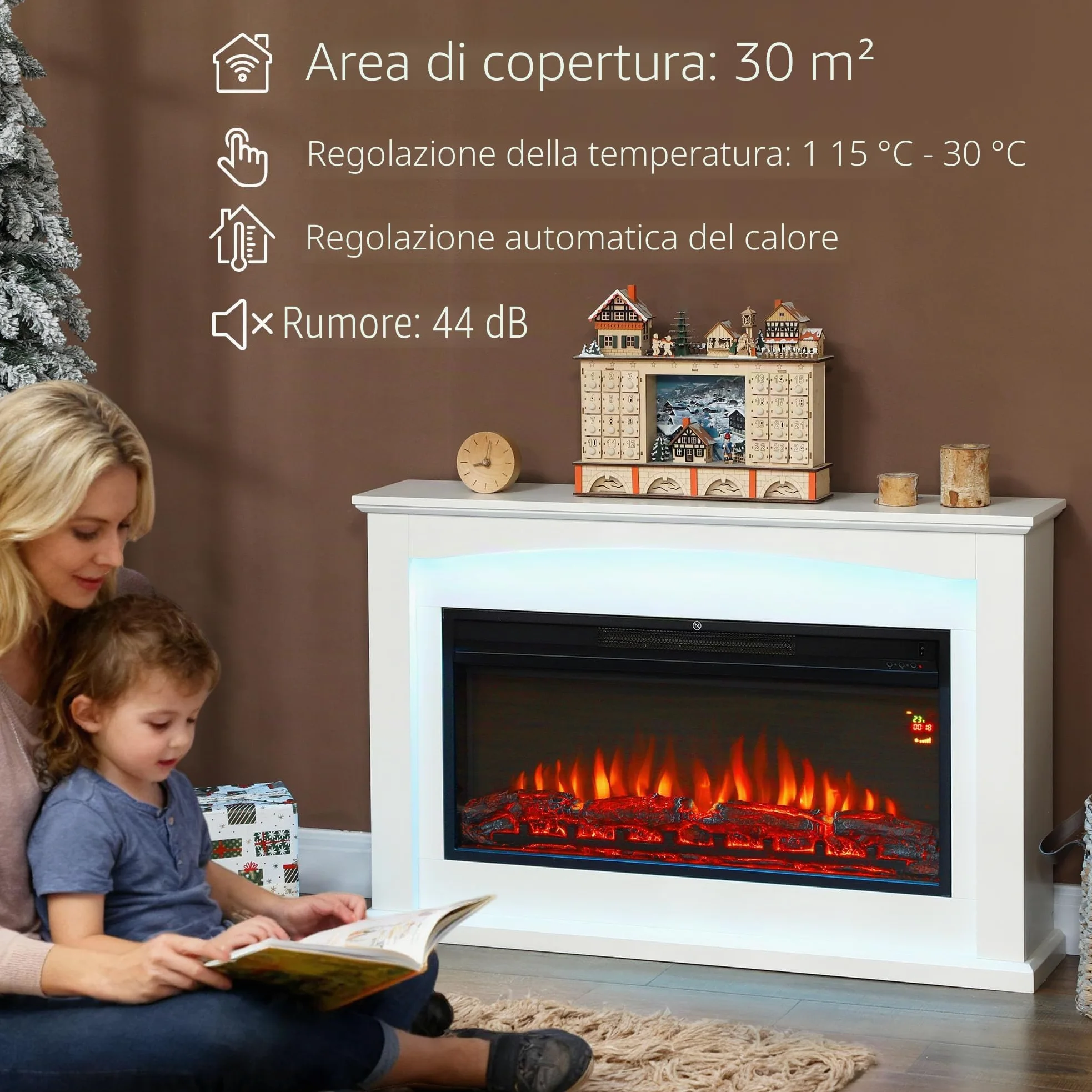 HOMCOM Caminetto elettrico 1000W/2000W, effetto fiamma con 5 luminosità regolabili, finto caminetto decorativo con mantello, termostato regolabile, telecomando, timer, fino a 30 m², bianco