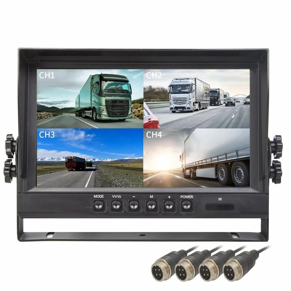 Monitor per Auto da 9" LCD, 4 Canali 4CH, Schermo Diviso Quadrato per Telecamera di Retromarcia per Auto e Camion