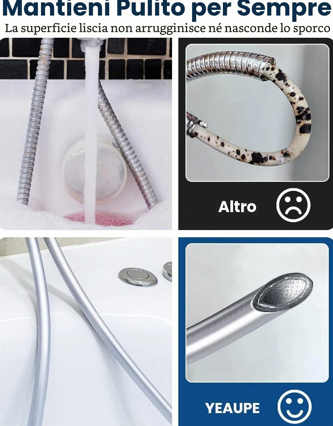 YEAUPE PRO - Tubo flessibile per doccia con protezione contro la torsione, 160 cm, attacco standard da 1/2", flessibile e resistente alle pieghe, adatto all'acqua potabile e testato a pressione