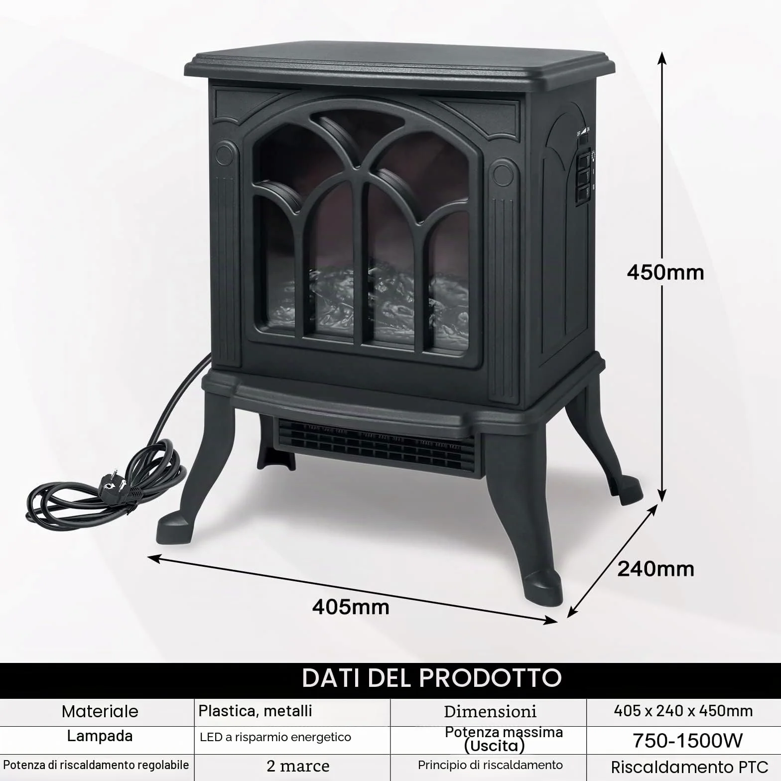 UISEBRT Camino Elettrico con Effetto Fiamma Riscaldamento Elettrico LED Silenzioso Riscaldatore camino 750W/1500W