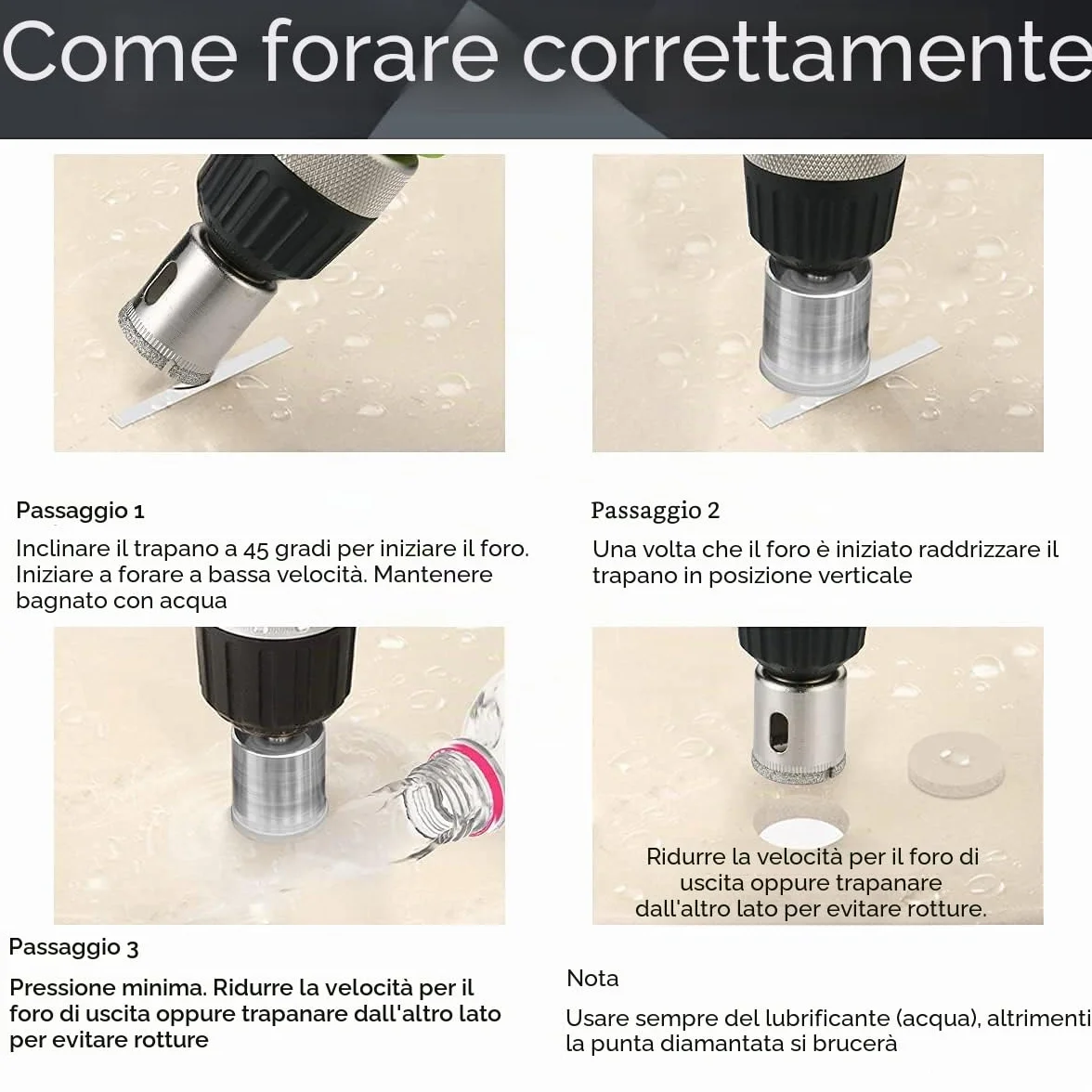 Flintronic Set di Punte Diamantate, 15 Frese a Tazza Professionale, per Vetro Piastrelle Ceramica Marmo Porcellana, Acciaio al Carbonio 8-50mm