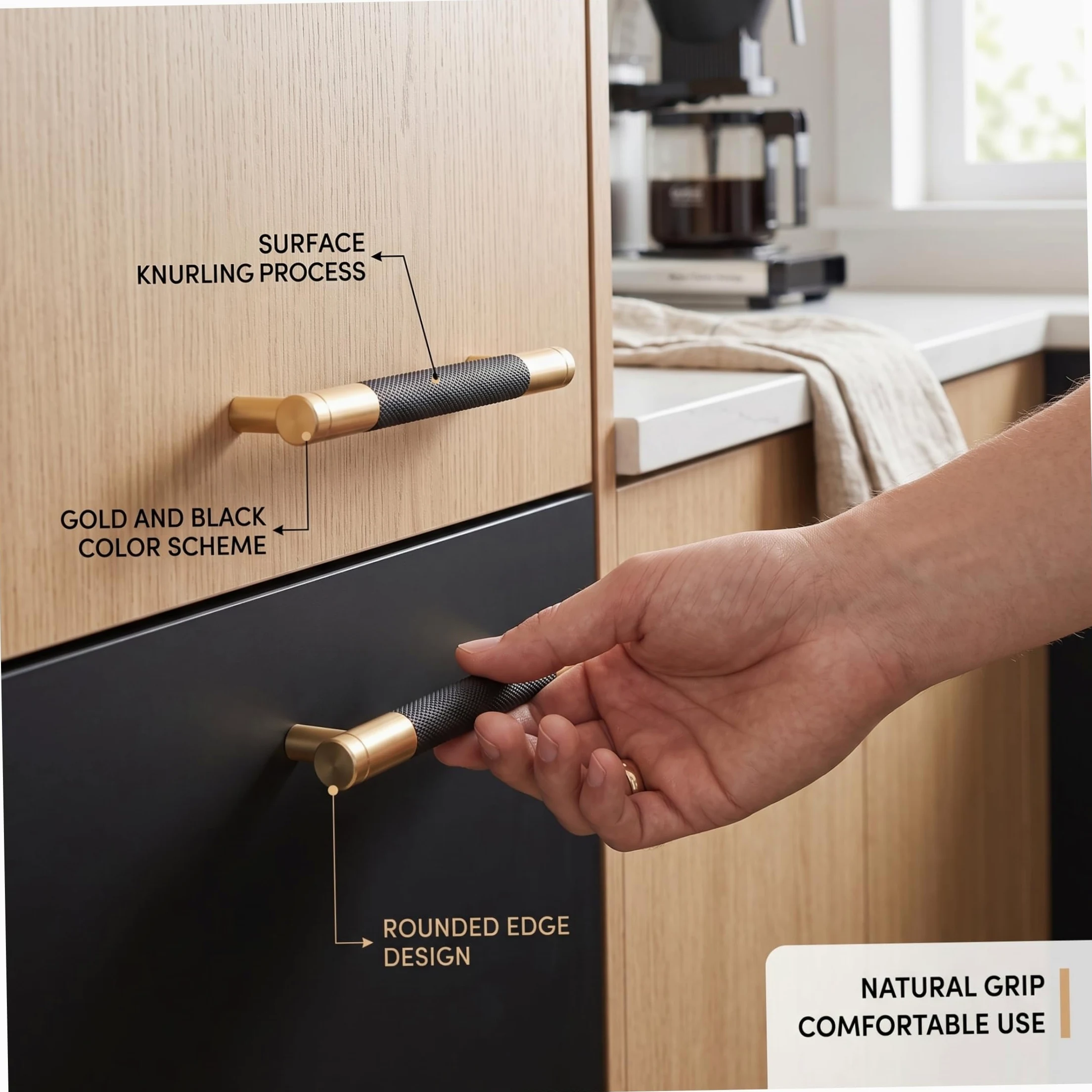 Maniglie da cucina, ferramenta per mobili in alluminio da 12, 7 cm, confezione da 12, nero e oro