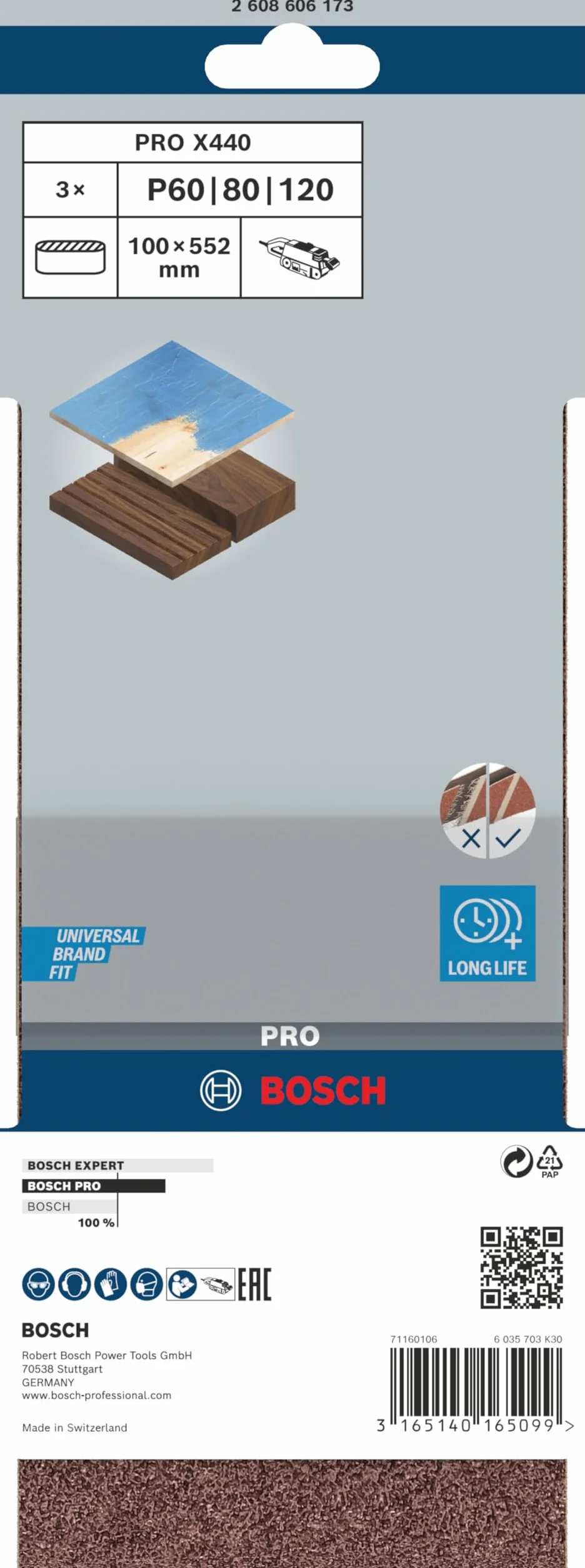 Bosch 3x Nastro abrasivo PRO X440 per levigatrici, 3 pz (per Vernice su legno, Legno duro, 100 x 552 mm, Grano 60, 80, 100, Professional Accessorio Levigatrice a nastro)