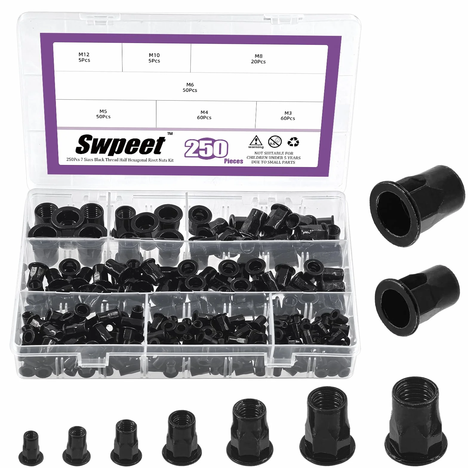 Dadi per Rivetti Esagonali Acciaio al Carbonio Zinco M3-M12 Filettatura Metrica Semi-Esagonale Assortimento Testa Piatta