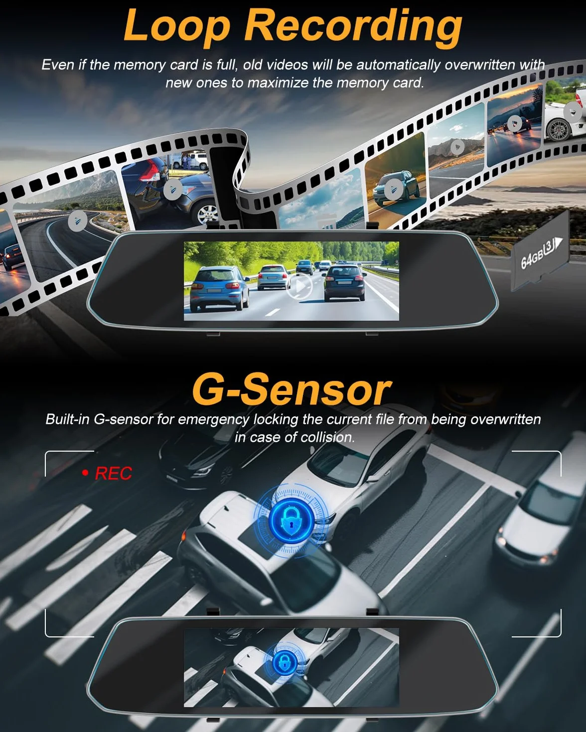 NHOPEEW Dash Cam a specchio da 7 pollici con doppia telecamera anteriore e posteriore - Sensore di gravità/registrazione in loop/rilevamento del movimento/monitor di parcheggio + scheda SD da 64G