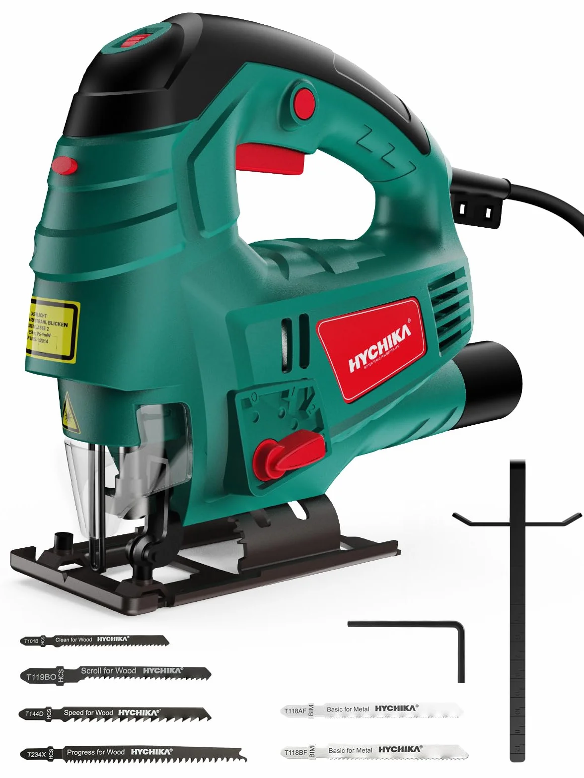 HYCHIKA Seghetto Alternativo 800W, Profondità di Taglio 110mm, 800~3000SPM, 7 Velocità Variabile, Angolo di Inclinazione Regolabile da ±45 °, Adatto per Metallo, Legno