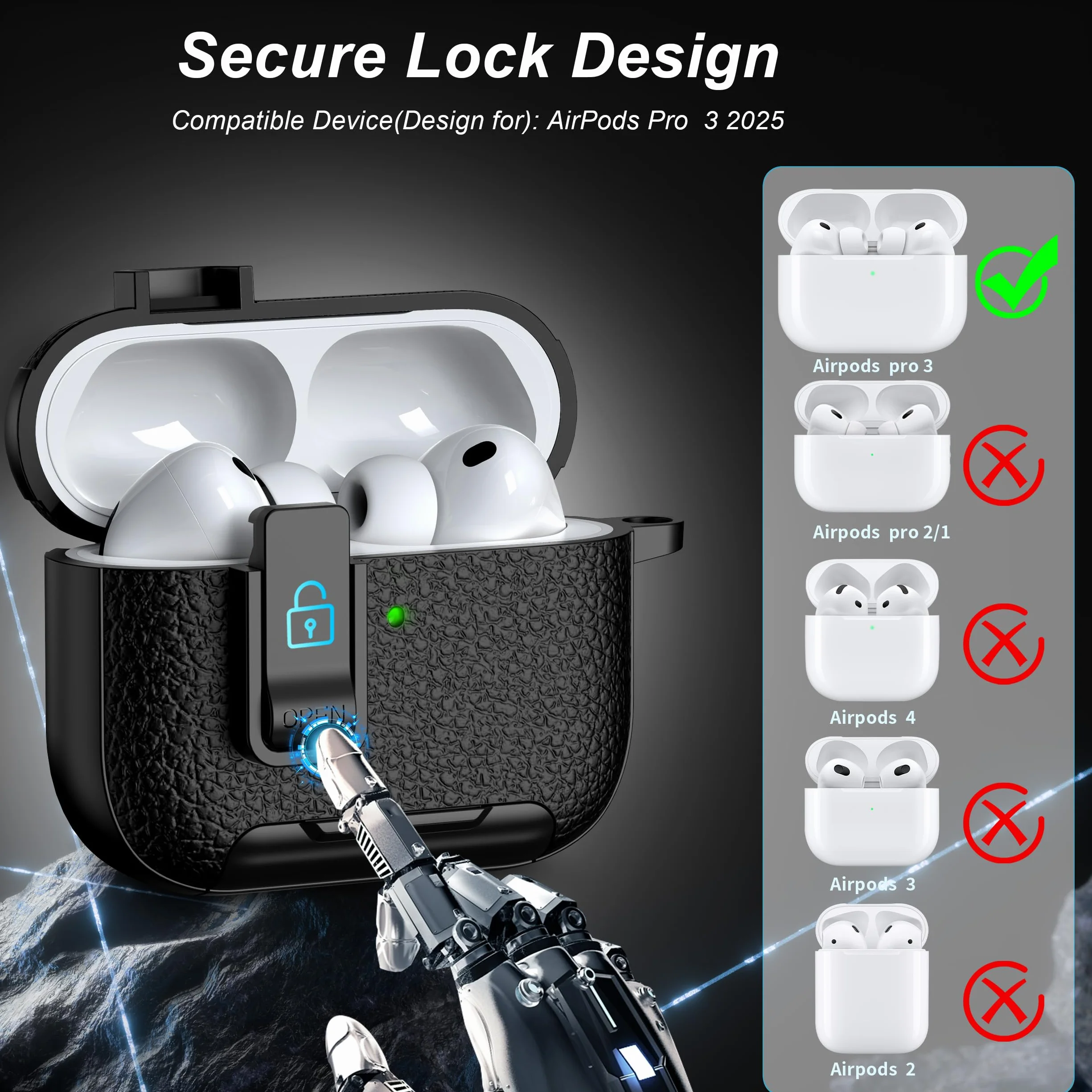 Compatibile con AirPods Pro 3a generazione Custodia con chiusura, Materiale TPU con Texture in pelle, Porta di ricarica antipolvere e funzione di supporto per Airpods Pro 3 Custodia, Nero