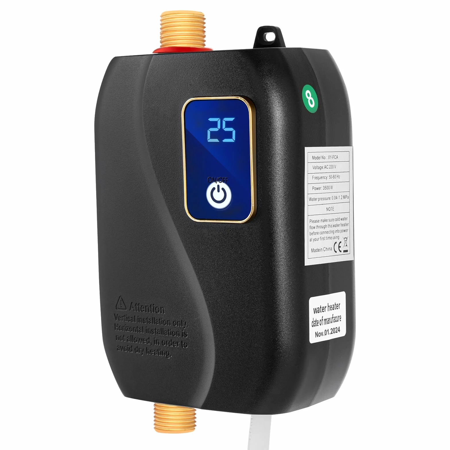 Scaldabagno, 3500W Scaldabagno Elettrico Istantaneo, 12x20cm Scalda Acqua Elettrico Istantaneo, Temperatura 25-50°C, Display LCD, IPX4, Caldaia Elettrica per Cucina, Bagno e Ufficio (Nero)