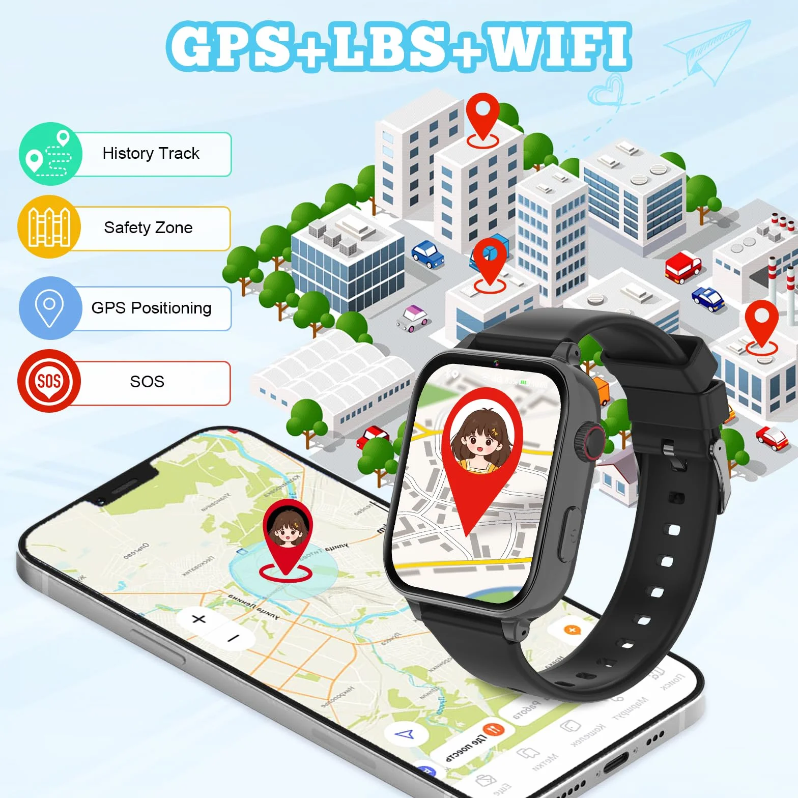 Smartwatch Bambini GPS 4G, Orologio Intelligente per Ragazza e Ragazzo con Telefono, Videochiamata, Chat, Sveglia, Camera, Modalità Classe, Gioco, Smart Watch Bambino Bambina 4-12 Anni Regalo, Nero