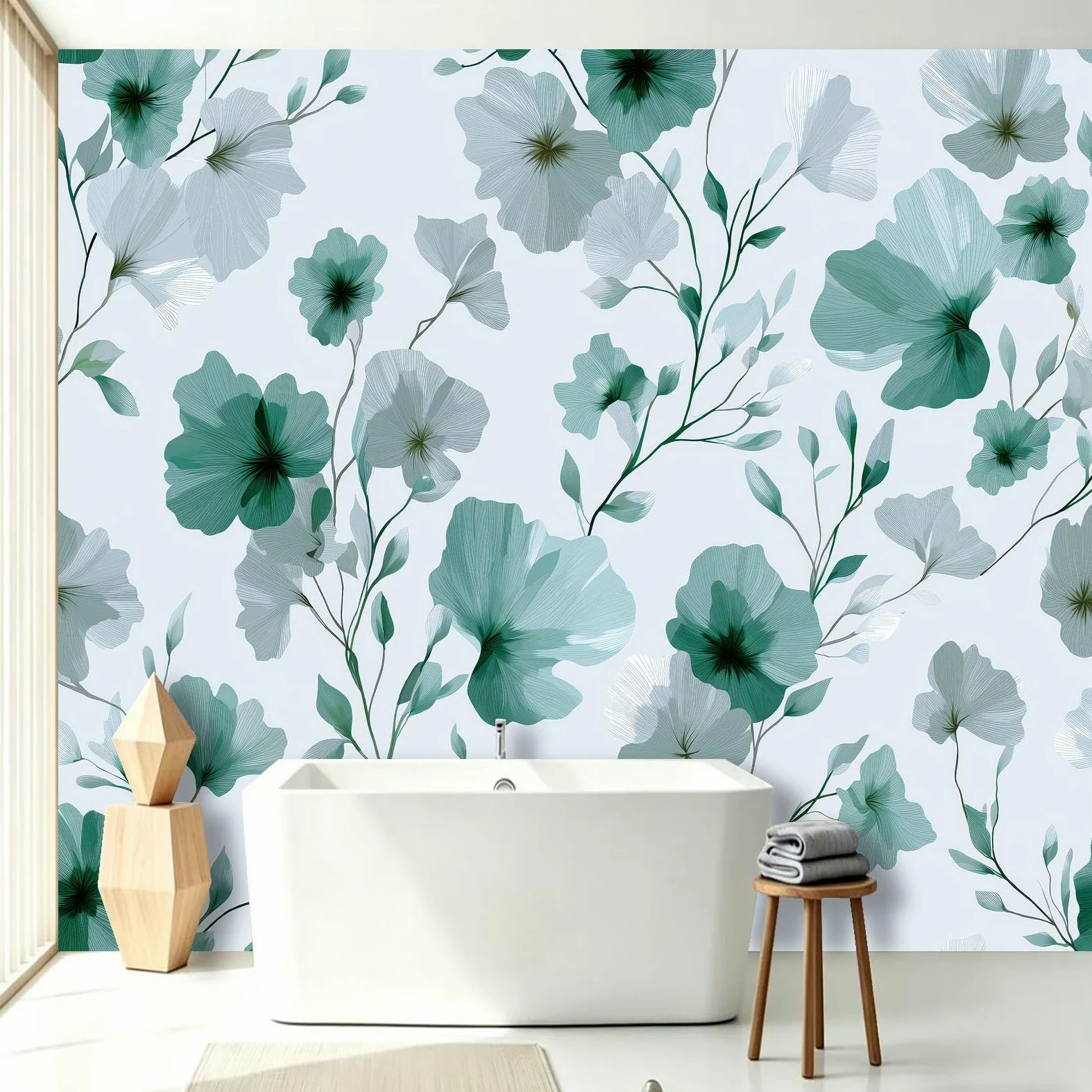 Carta da parati fotografica con motivo botanico scandinavo, 250 x 175 cm (larghezza x altezza), stampa artistica di alta qualità, decorazione per la casa, fai da te, fiori e foglie verdi, per bagno