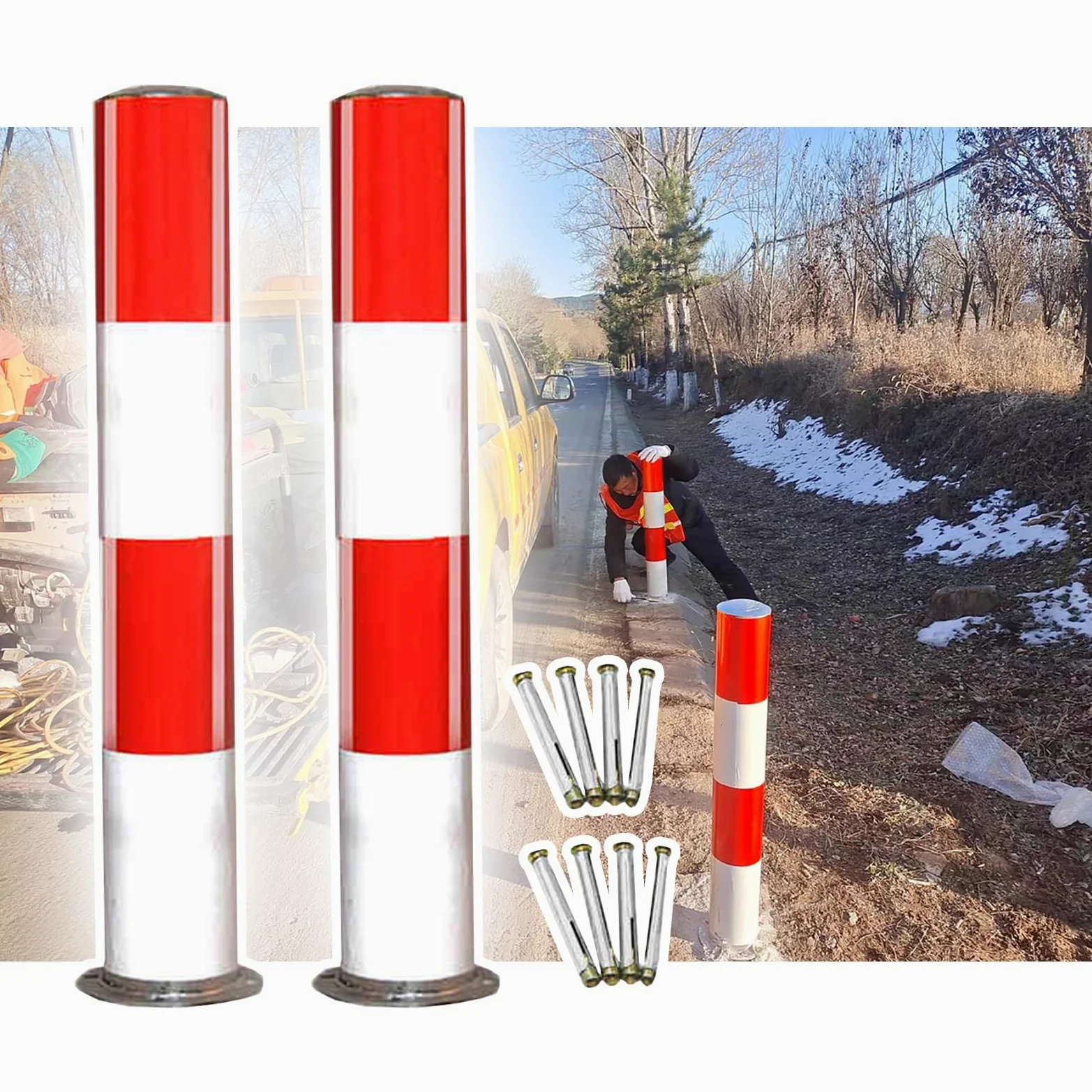 Generico Confezione da 2 dissuasori di Sicurezza con Striscia Riflettente, palo e Base in Acciaio, delimitatore Resistente per vialetti e Aree sensibili (80x114 cm, Spessore 2 mm)