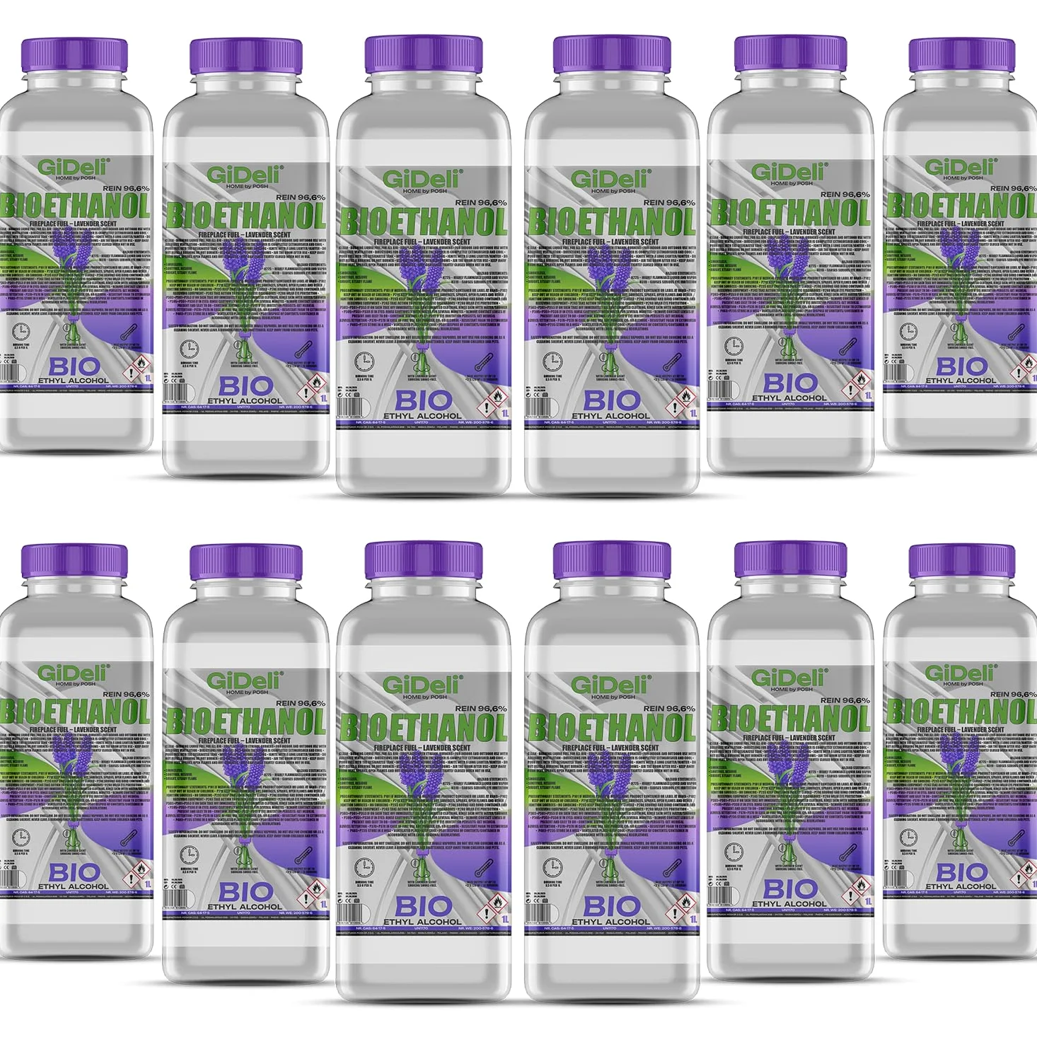 GiDeli Bioetanolo 12 x 1 l profumo di lavanda 96,6% etanolo per camini interni ed esterni, senza fumo e fuliggine, da mais e barbabietola da zucchero