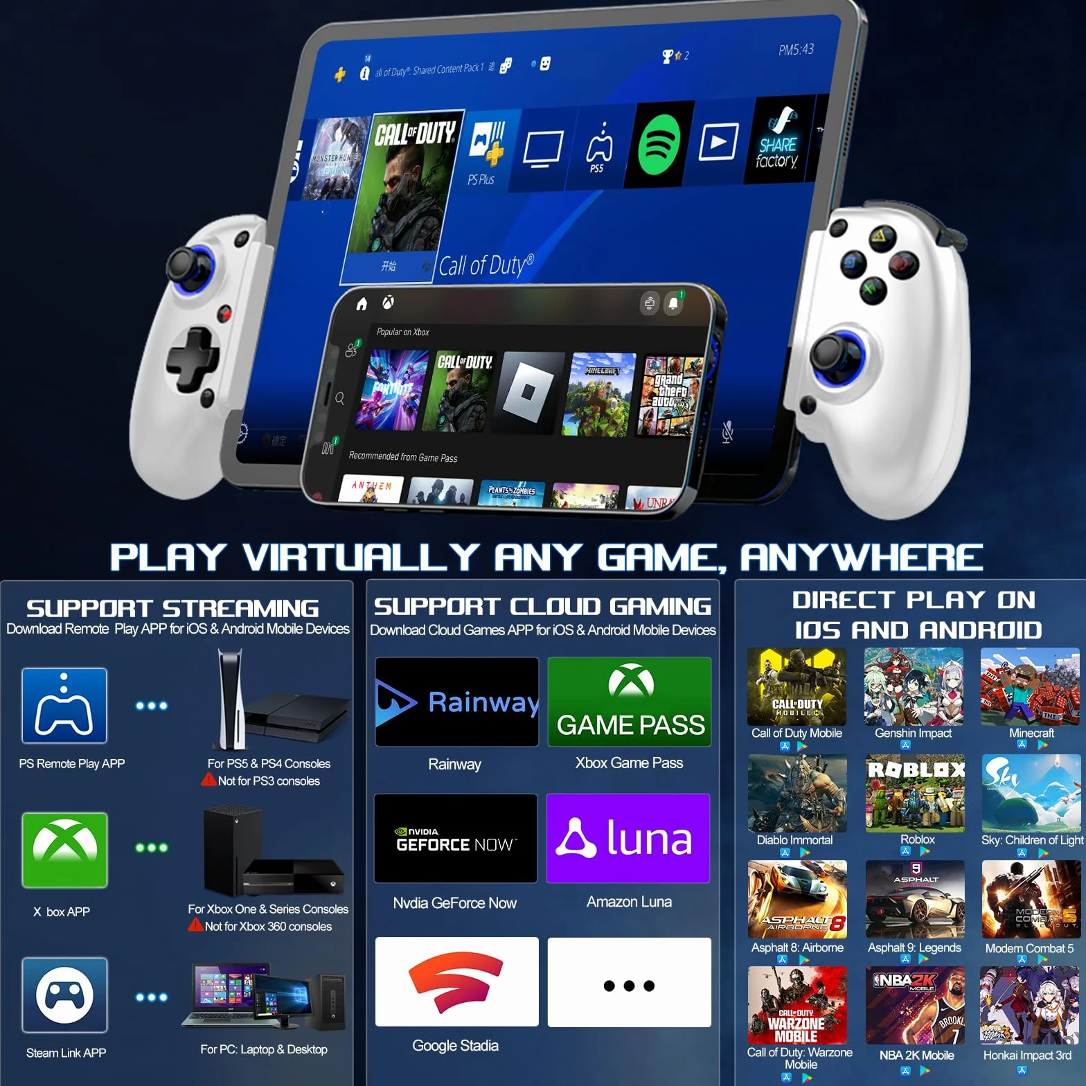 arVin Stretch Gamepad per iPhone/Android/IOS/Tablet/PC/PS4/XBOX