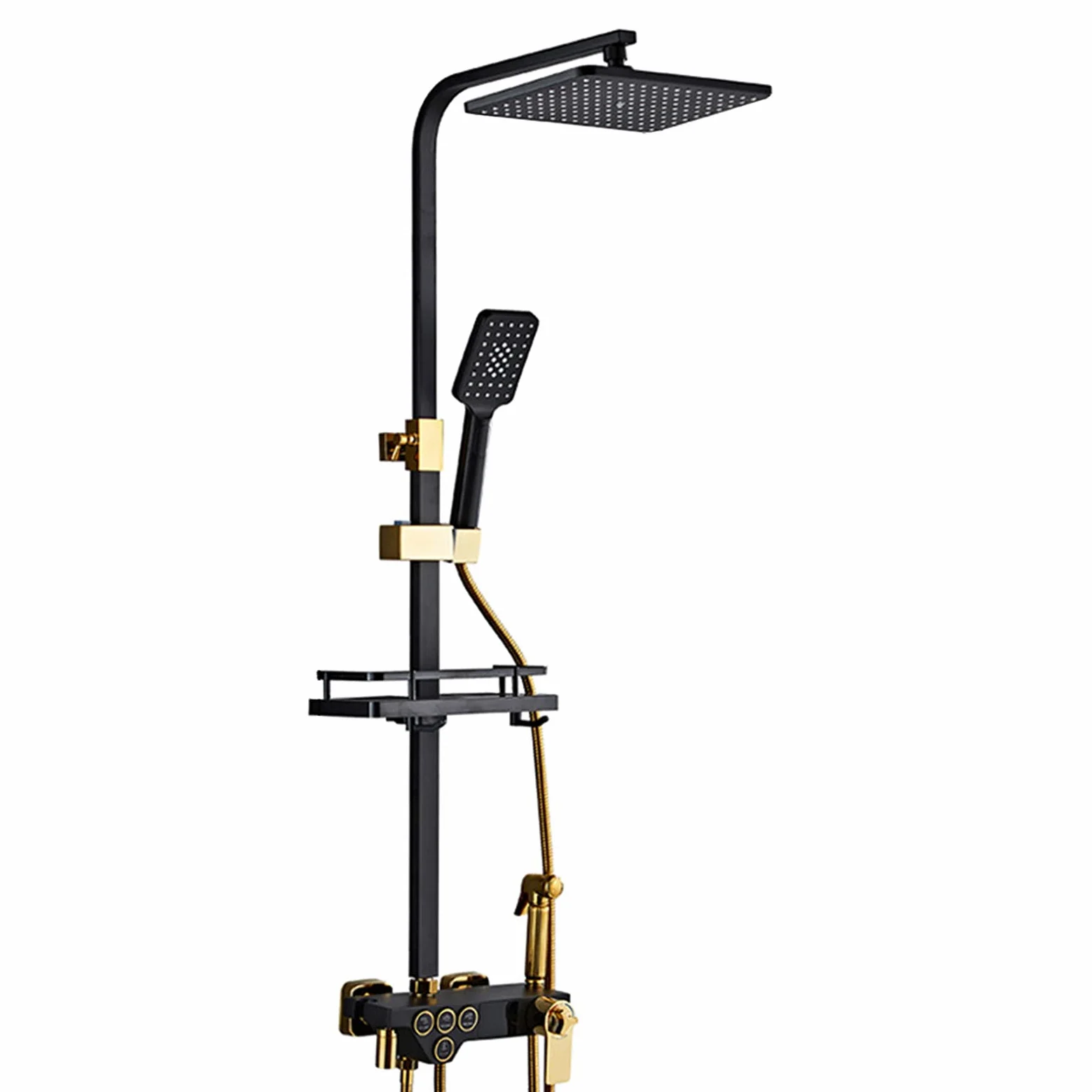 Set Rubinetto Doccia termostatico Nero Dorato, Set Display Digitale con soffione, doccetta, spruzzatore Bidet, beccuccio Vasca, Miscelatore Vasca