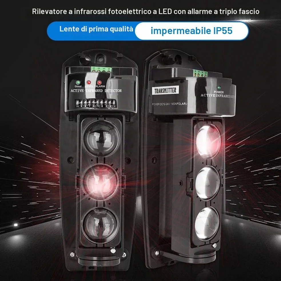 Demeras Rilevatori a Triplo Raggio Allarme a Triplo Raggio Rilevatore LED fotoelettrico a infrarossi Sistema di Sicurezza Trasmissione Wireless per Sistema di Allarme di Sicurezza Domestica(ABE-50)