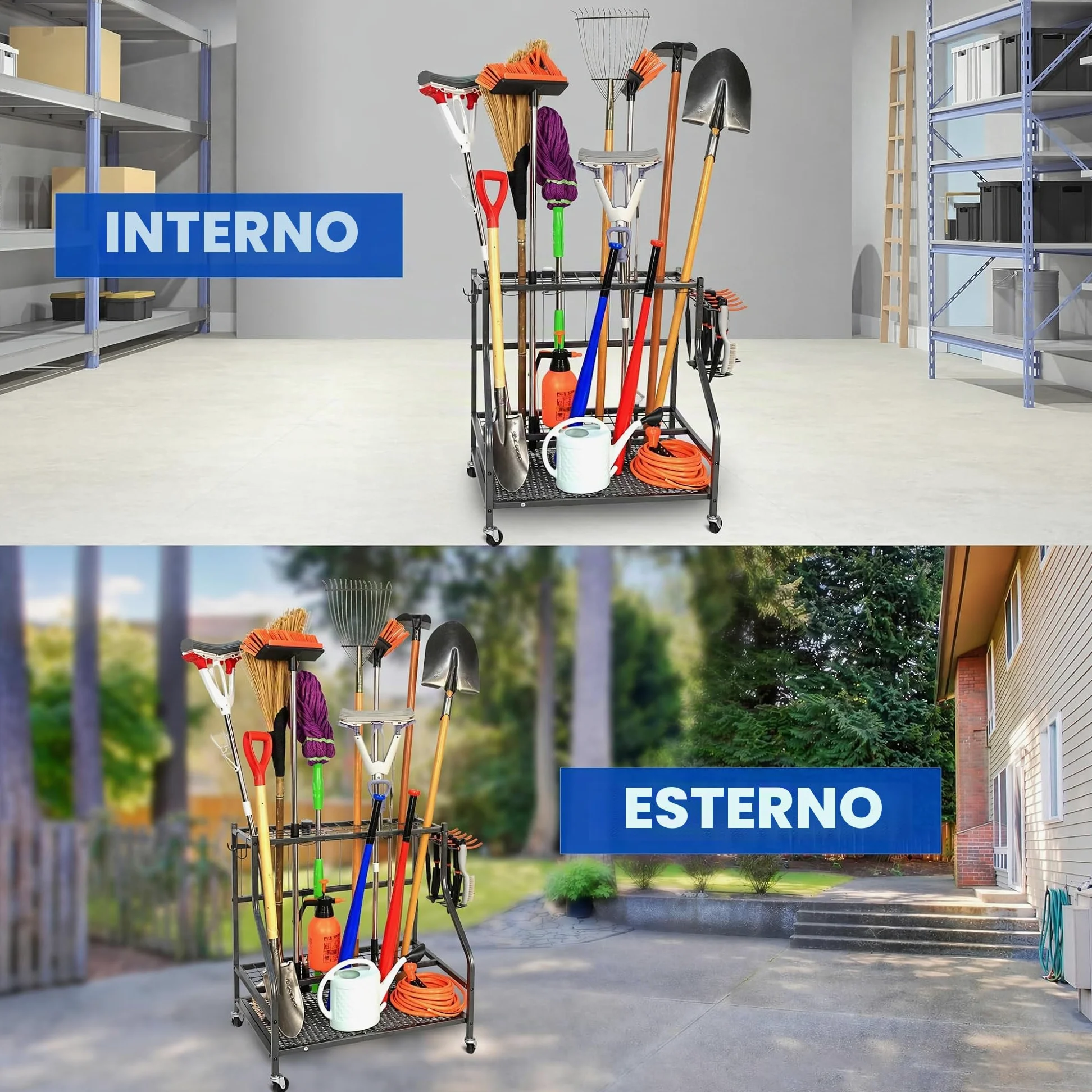 Sinoer Scaffale per attrezzi da giardino con ganci e ruote, organizer per garage, ripiani in metallo a 3 livelli, supporto per prato, capannone e cortile
