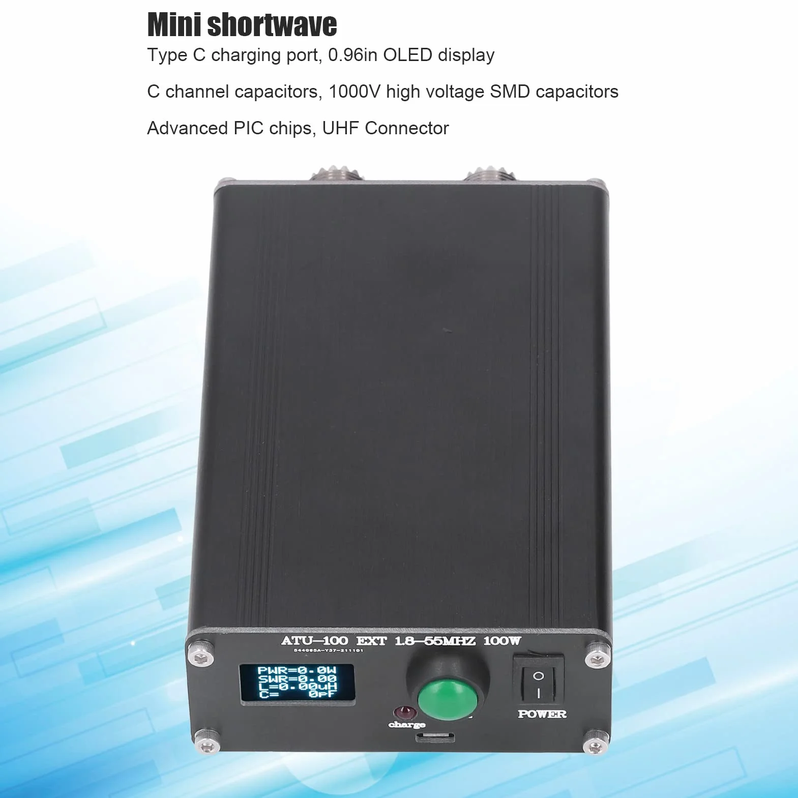 Sintonizzatore D'antenna Automatico ATU‑100 1,8‑55Mhz Display 0,96 Pollici Sintonizzatore Radio con Ricarica USB Sintonizzatore D'antenna a Onde Corte Open Source per