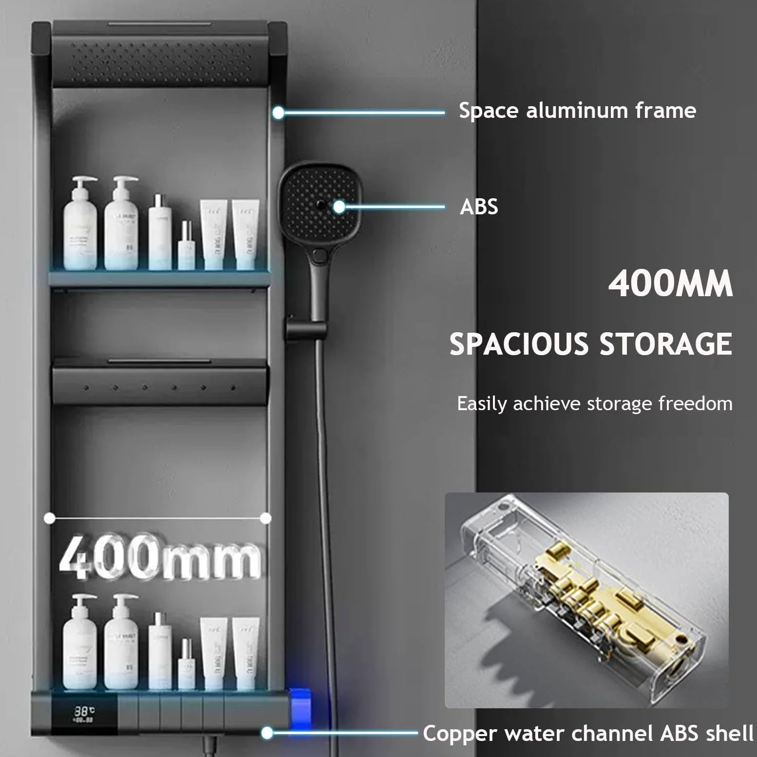 Set Miscelatore Doccia con Display Digitale a LED, soffione a Pioggia e soffione Portatile, Pannello di Controllo per Bagno, mensola a Torre per ristrutturazioni Moderne