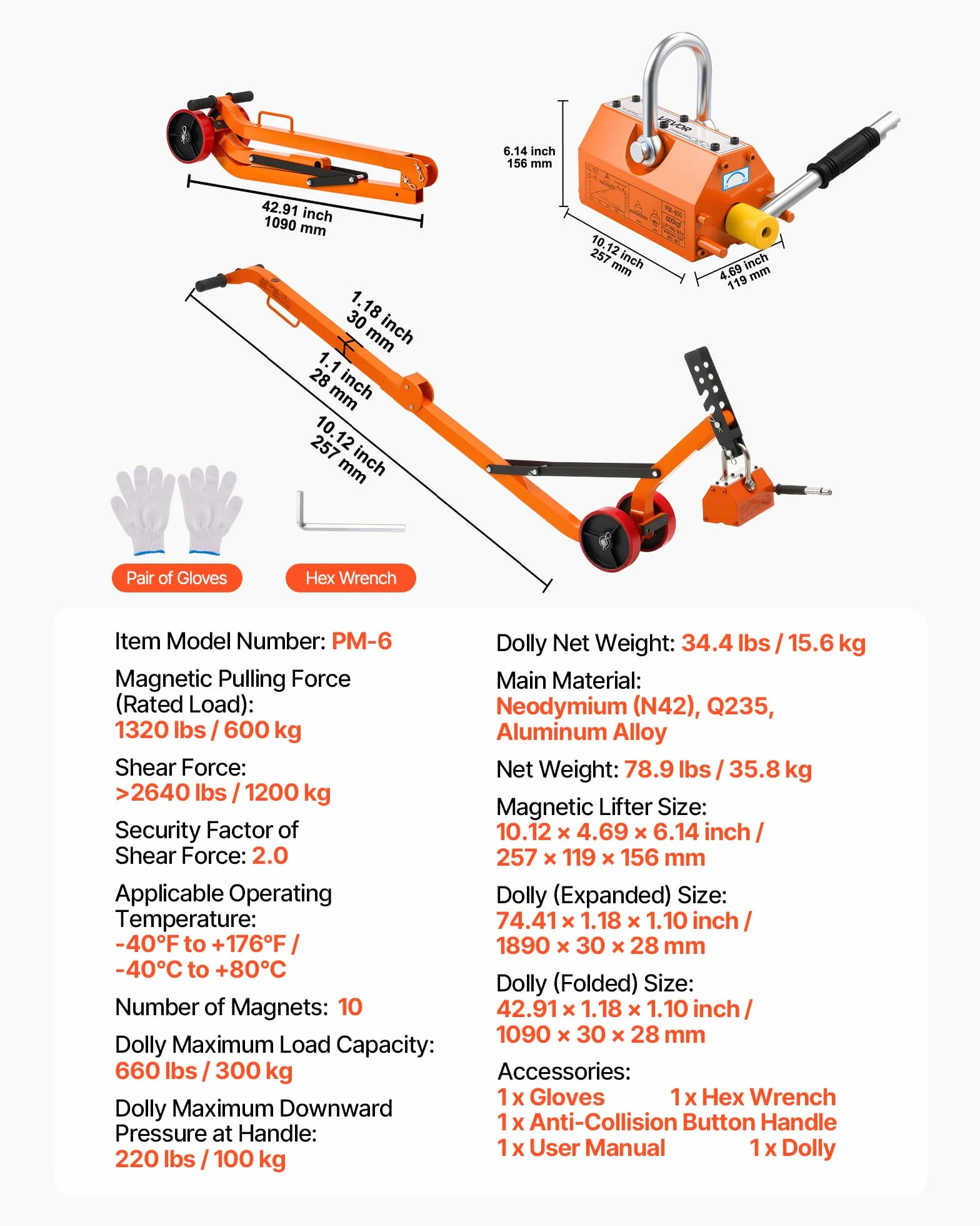 VEVOR Sollevatore Magnetico per Lastre 600 kg Neodimio N42 Pieghevole Carrello Acciaio 2 Ruote