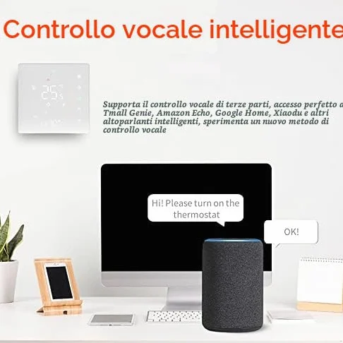Termostato intelligente WiFi, programmabile settimanalmente, supporta Touch Control/Mobile APP/controllo vocale, compatibile con Home, per caldaie ad acqua e a gas 5 A, bianco
