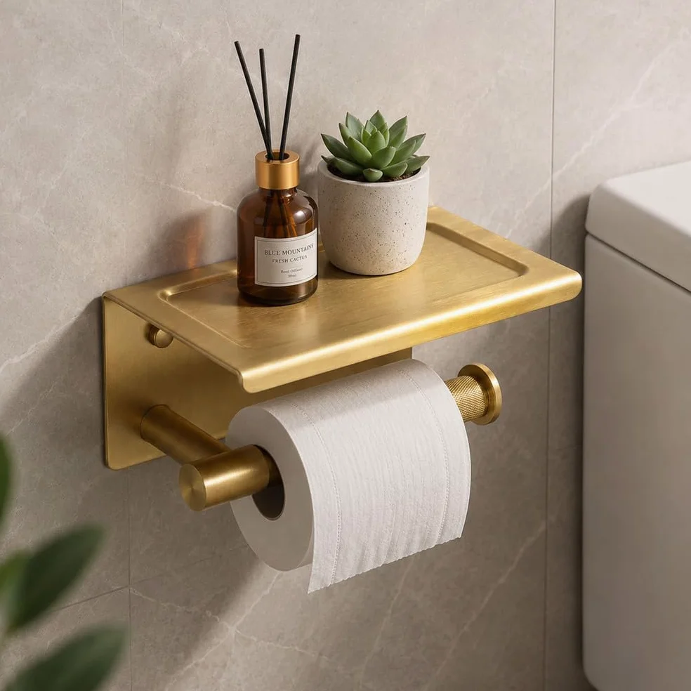 Portarotolo Carta Igienica in Ottone Massiccio, Oro Spazzolato con Mensola, da Parete, Anti-Ruggine e Anticorrosione, Manopola Zigrinata, Ripiano per Telefono | 1