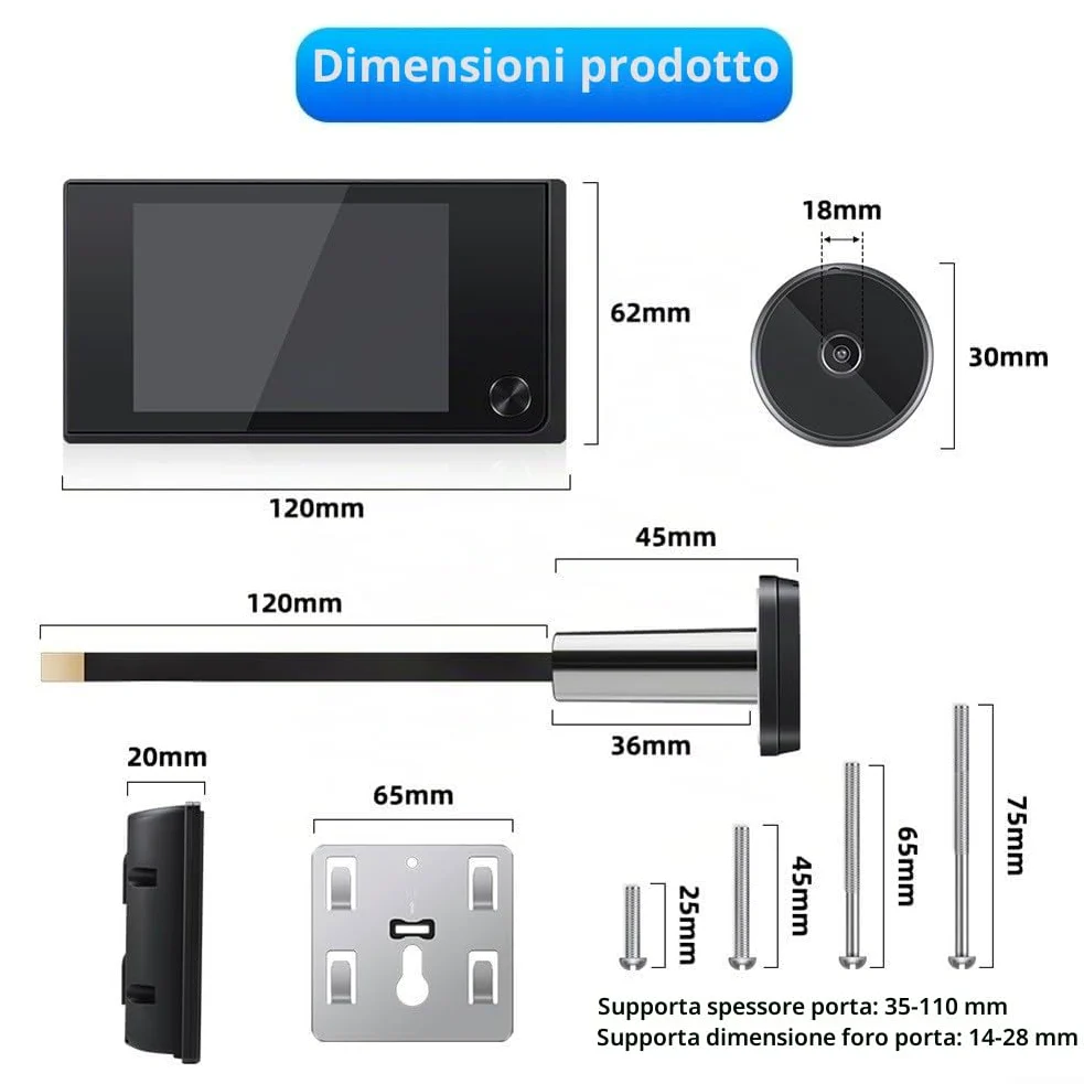 Spioncino digitale per porta, 720P HD con visione a 120 gradi, schermo interno da 3,5 pollici, telecamera elettronica per la sicurezza domestica