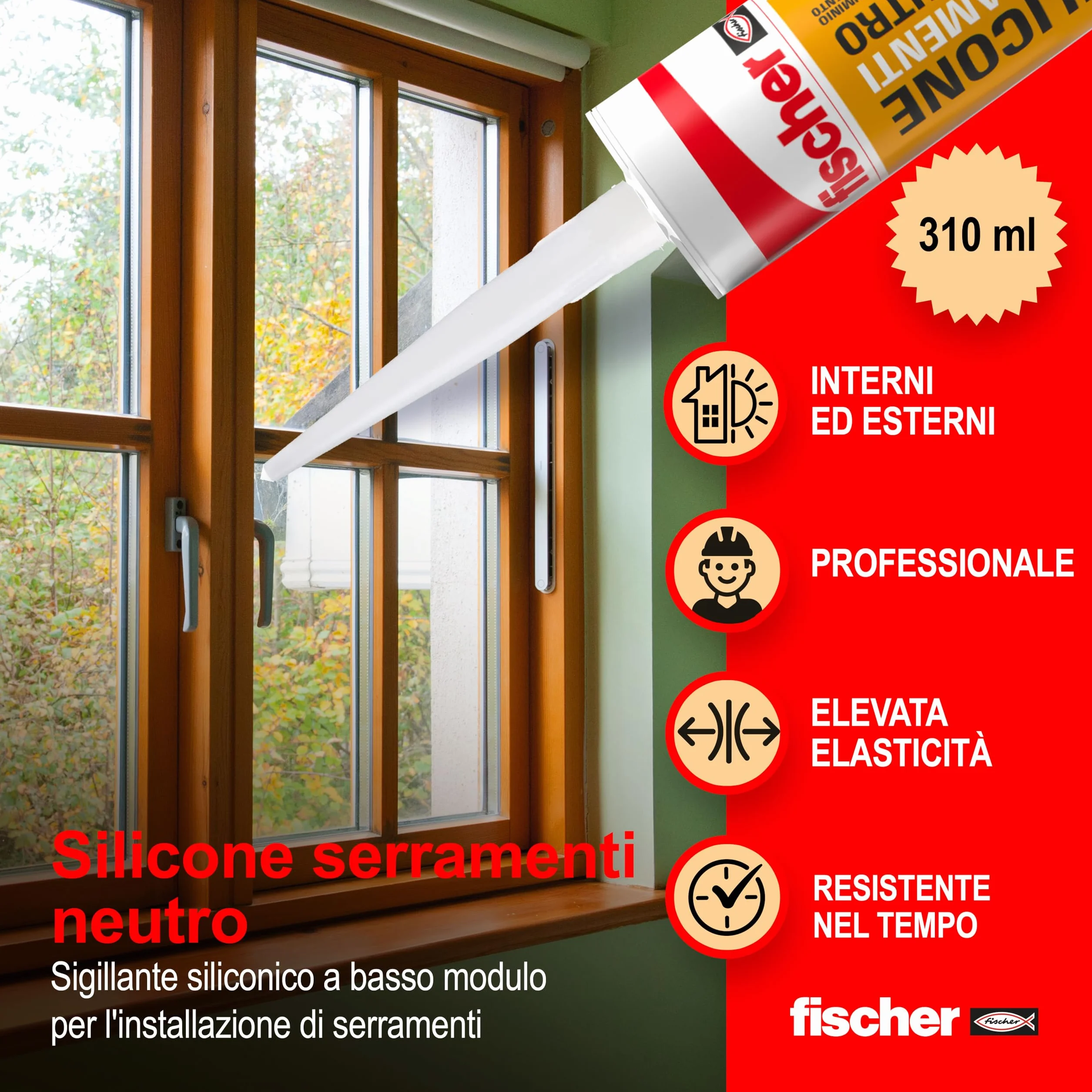 Fischer SNF Silicone Sigillante Legno Trasparente Neutro a Basso Modulo Elastico Esterno/Interno