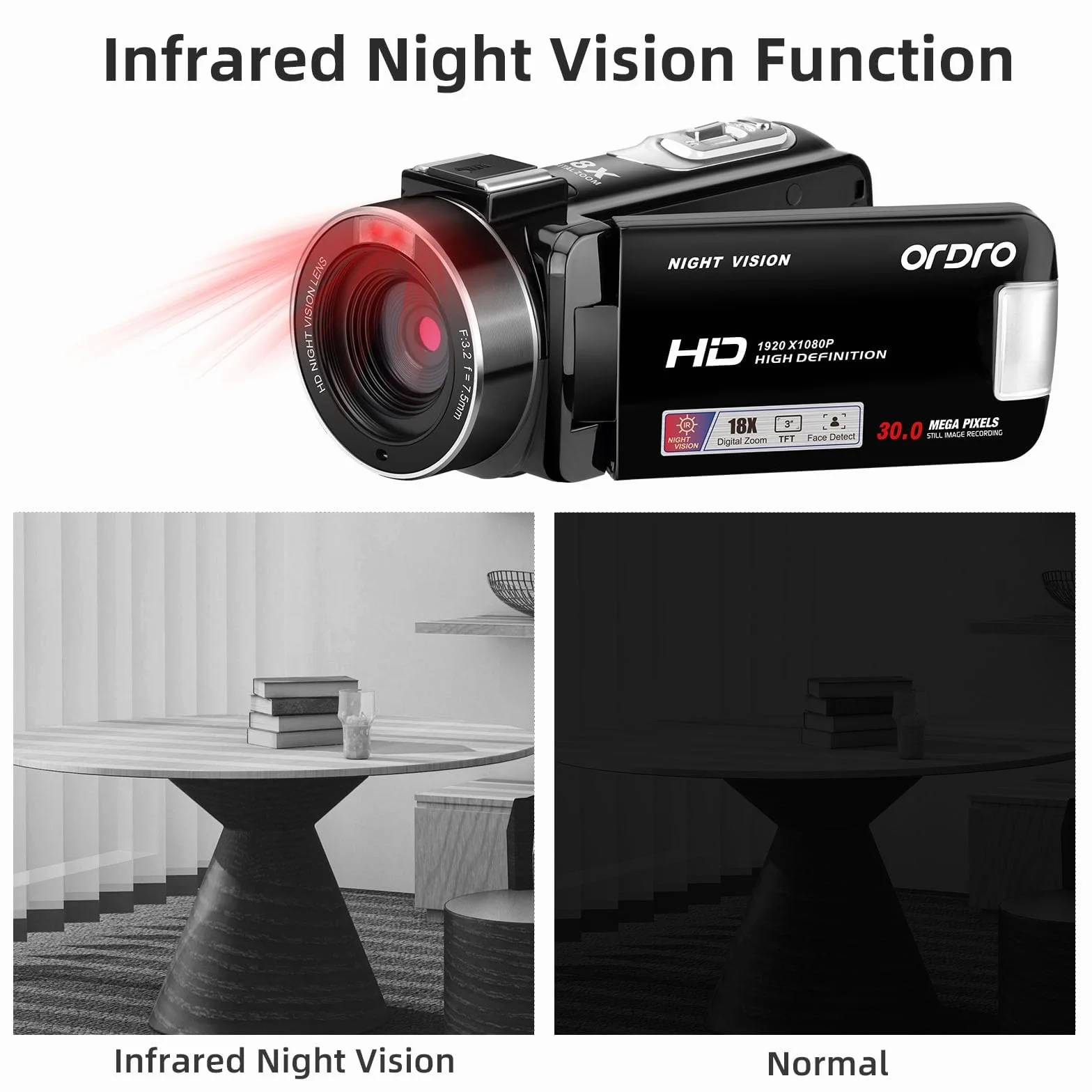 ORDRO B320 - Videocamera 1080P con scheda da 16GB, zoom digitale 18x, visione notturna, schermo touch rotante a 270°, fotocamera Full HD 1080P 30MP, 2 batterie, oro