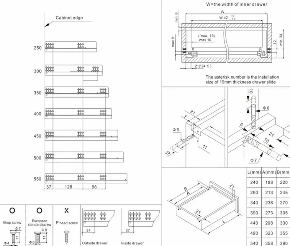 Guide per cassetti per carichi pesanti, Guide for cassetti sottotop nascoste con chiusura ammortizzata, estrazione totale, carico 40 kg, 250-400 mm, confezione da 2